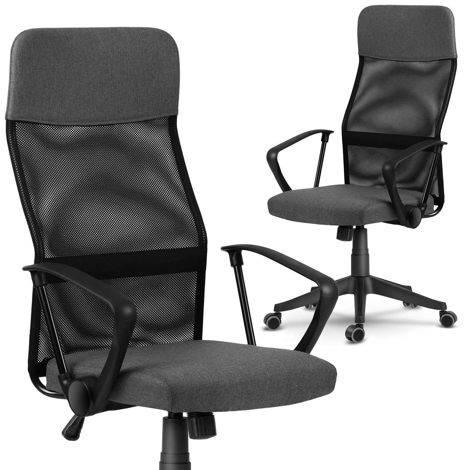 Dos sillas de oficina grises con respaldos y reposabrazos de malla negra. Una silla está en ángulo, mostrando la base con ruedas.