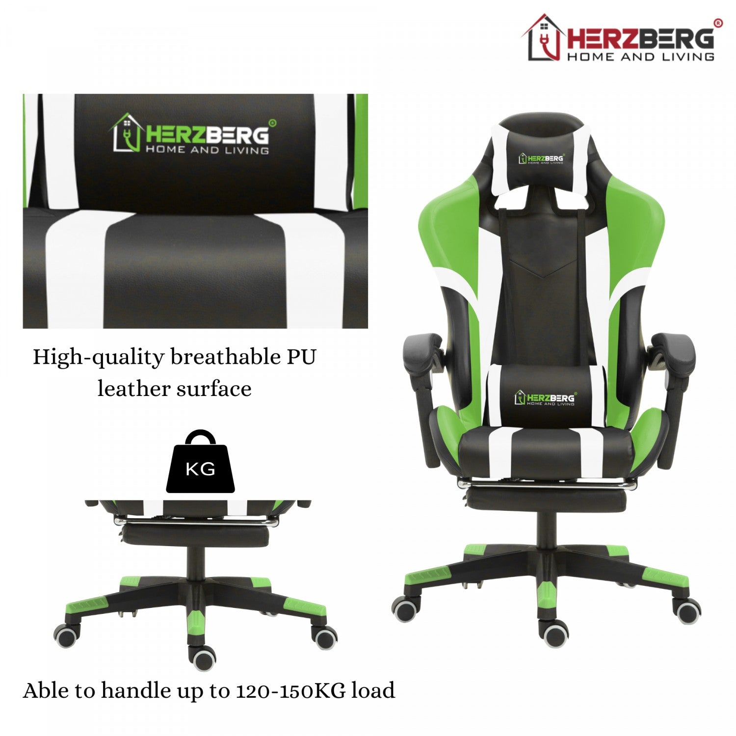 Una silla gaming Herzberg verde, negra y blanca. Tiene una superficie de cuero transpirable y soporta hasta 150 kg de carga.