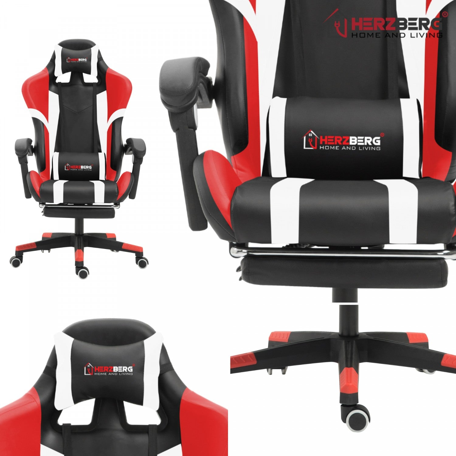Una silla gaming con diseño rojo, negro y blanco. Tiene reposacabezas y soporte lumbar, y la marca 'HERZBERG' es visible.