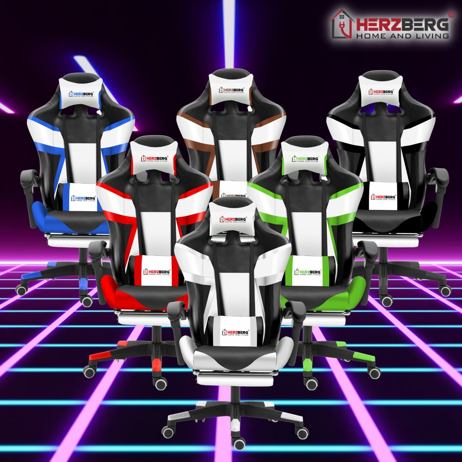 Seis sillas gaming de varios colores (azul, rojo, verde, blanco, marrón) dispuestas sobre un fondo de neón con el logotipo de Herzberg.