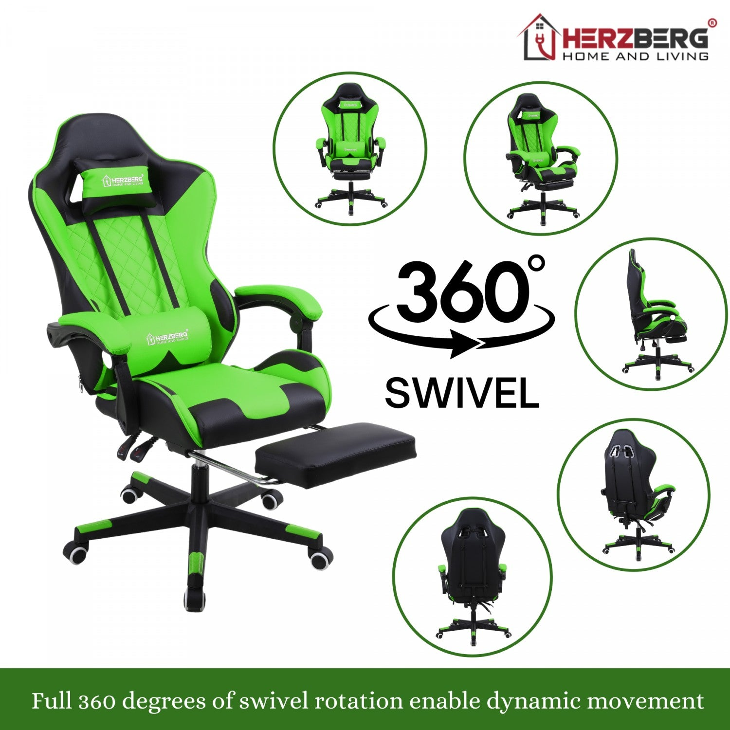 Silla gaming, verde y negra, con reposapiés. La silla se muestra desde múltiples ángulos. El texto menciona giro de 360 grados.