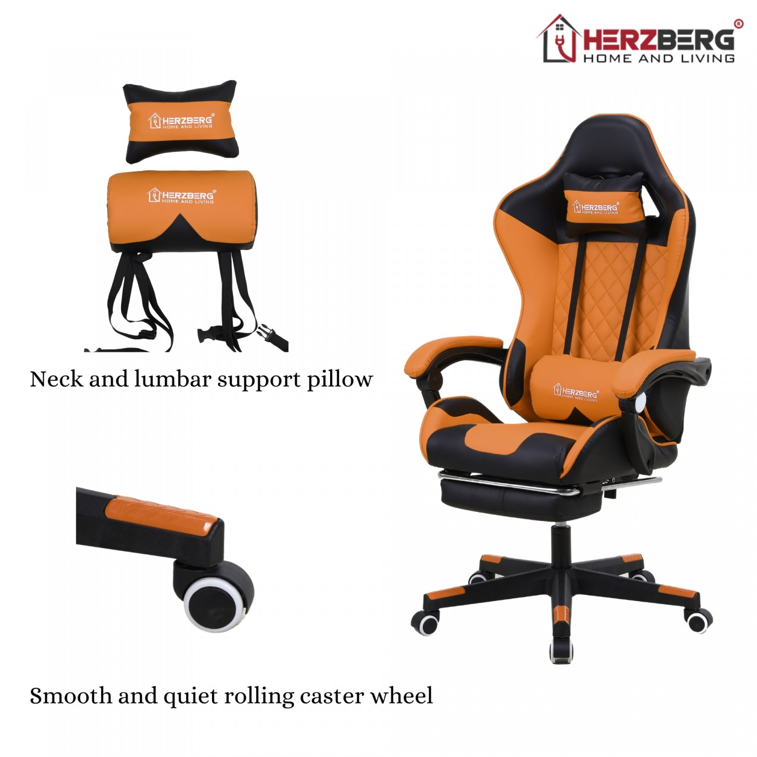 Una silla gamer naranja y negra con almohadas de soporte lumbar y cervical. Cuenta con ruedas giratorias suaves.