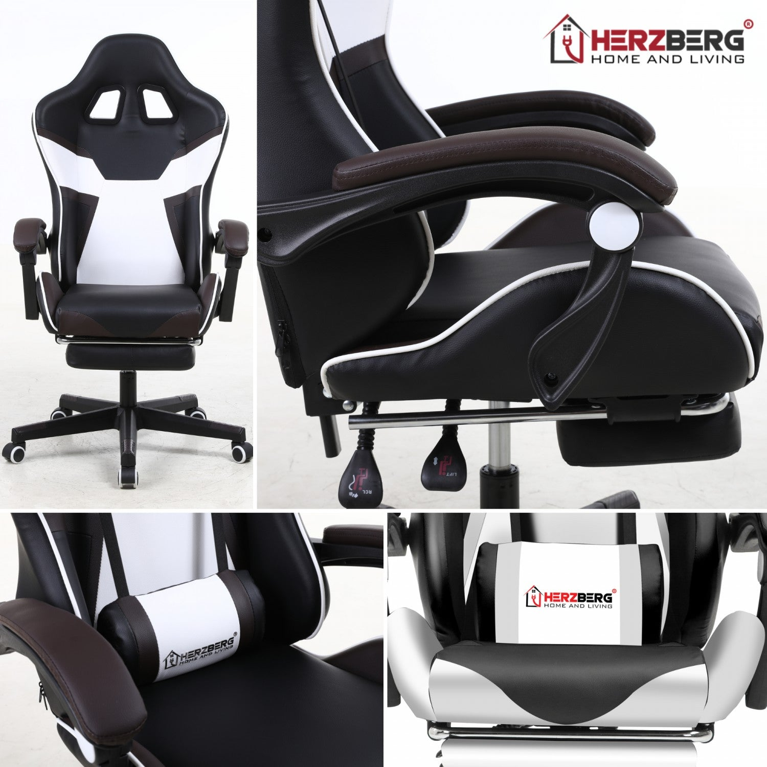 Silla gaming, negra y blanca con reposabrazos marrones. Cuenta con reposacabezas y altura ajustable, sobre base con ruedas. Logotipo de la marca visible.
