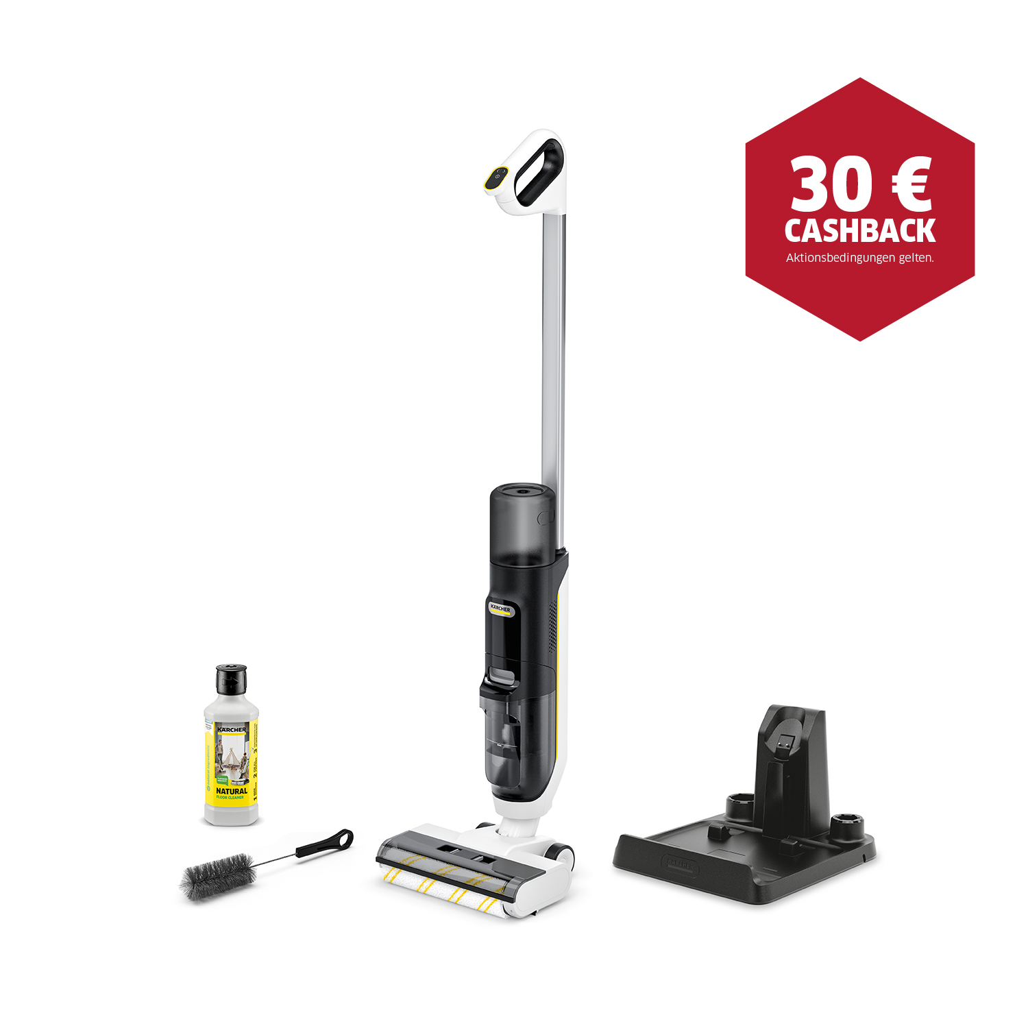Un aspirapolvere Kärcher bianco e nero con accessori. Un distintivo rosso indica 30€ di cashback.