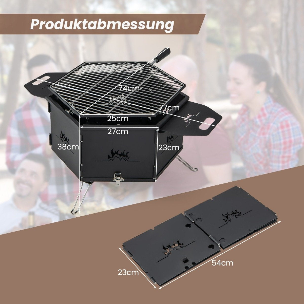 Parrilla portátil de metal negro con dimensiones, dos bandejas laterales y un panel plegado separado. Gente en el fondo.