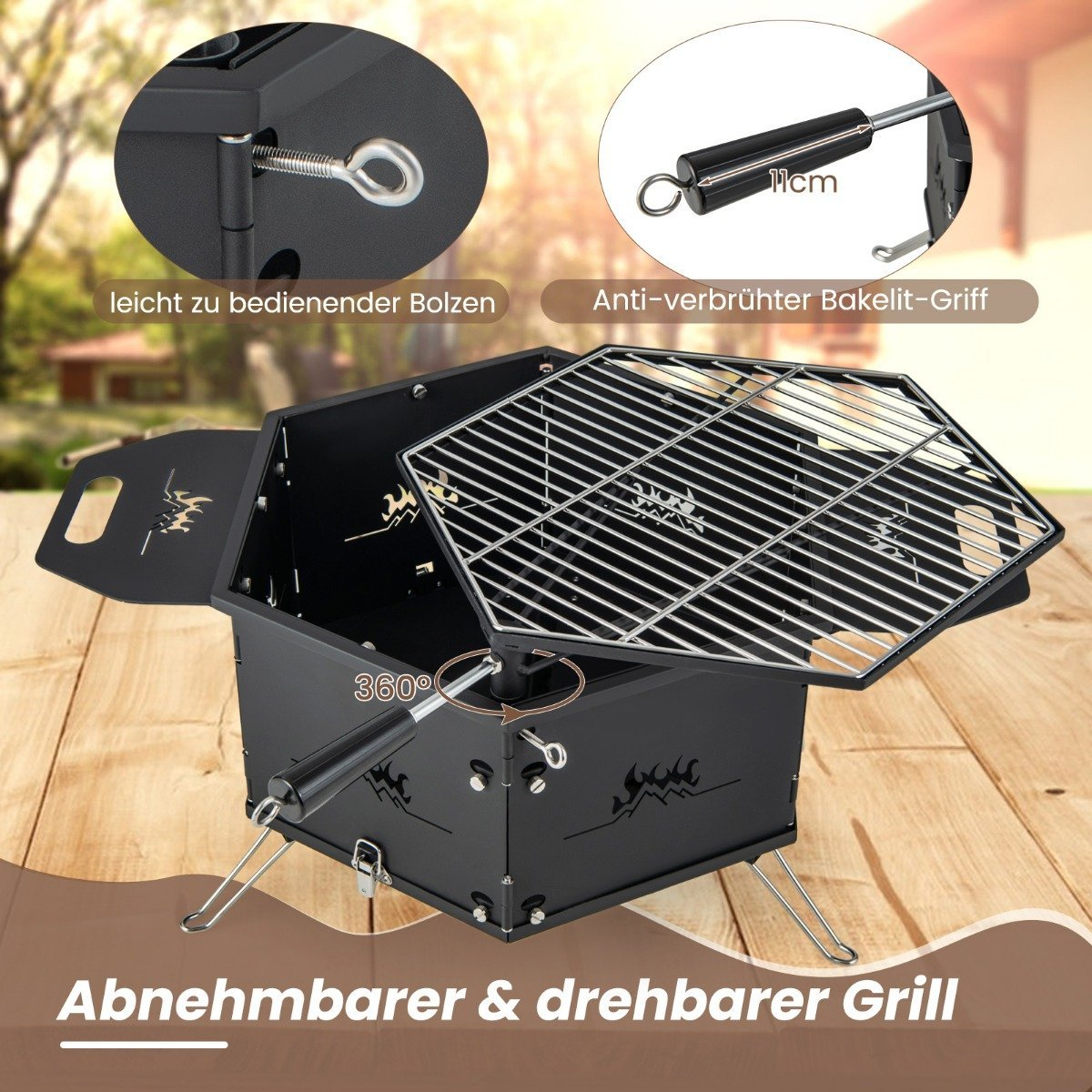 Parrilla metálica negra con rejilla giratoria y asa desmontable. Detalles muestran perno y asa. Al fondo, se ven árboles.