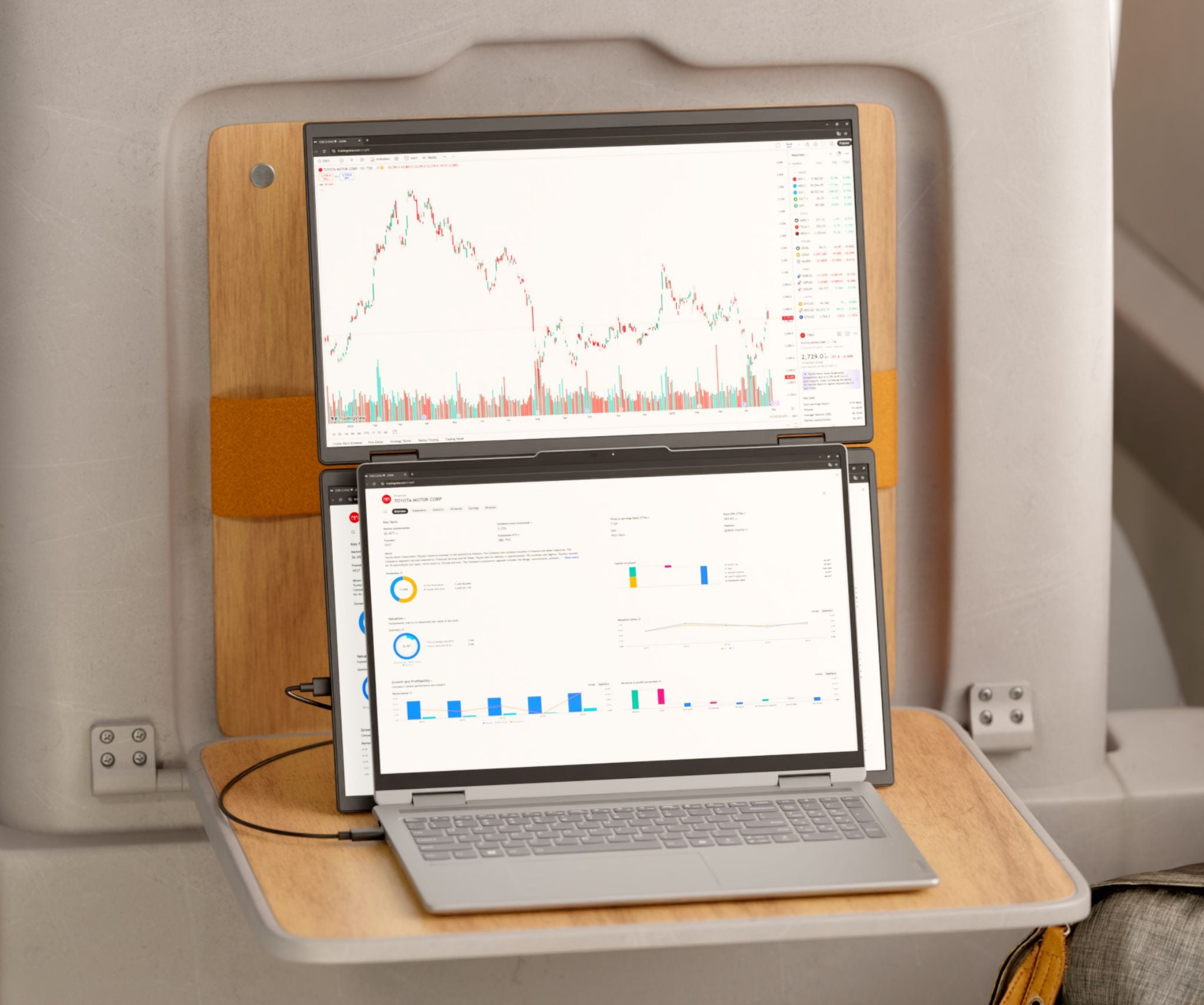Zwei Laptops zeigen Börsendiagramme und Finanzdaten. Das Setup befindet sich auf einem Holztablett in einem neutralfarbenen Innenraum.