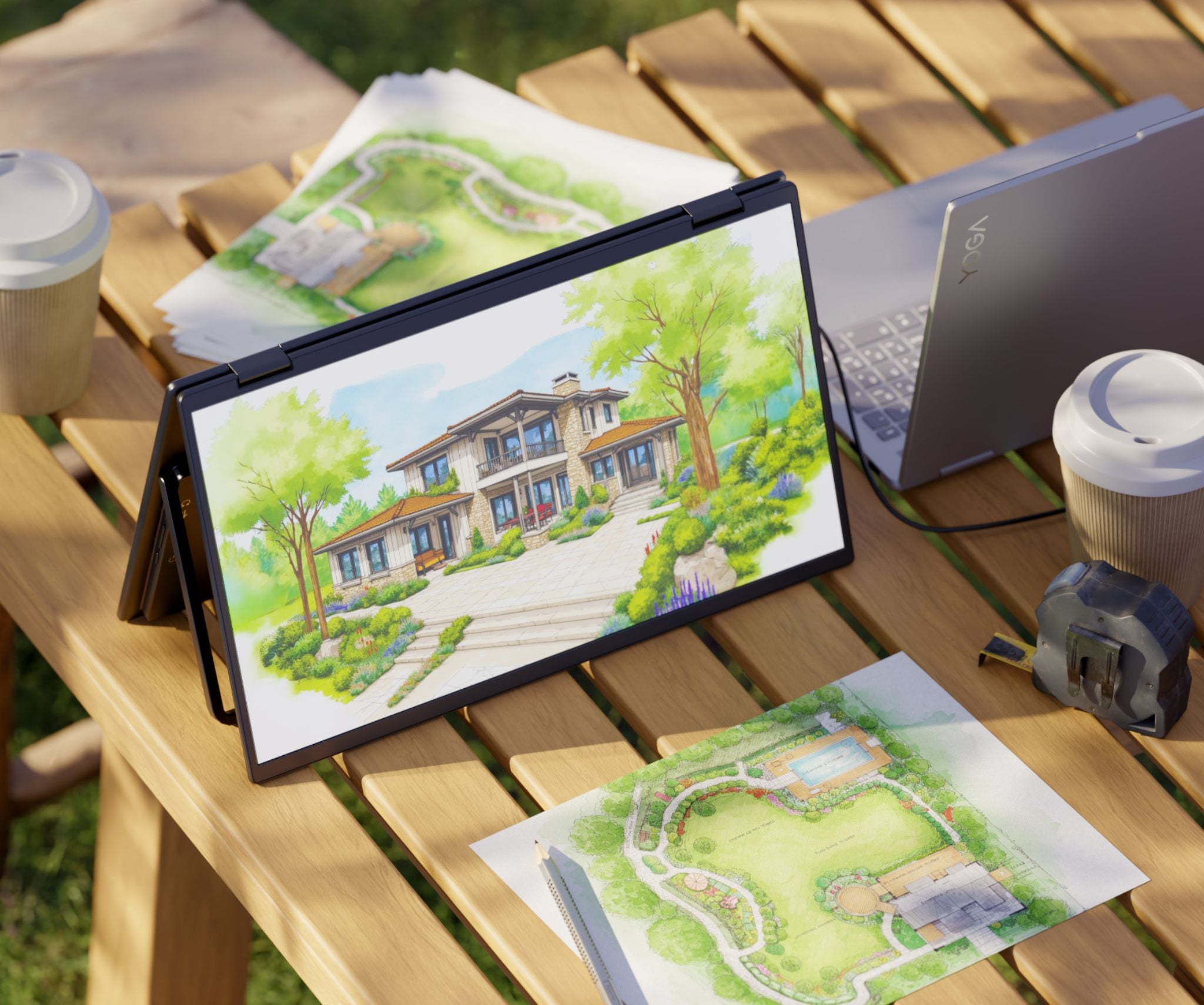 Ein Laptop zeigt eine Hausrenderung. Papiere mit Zeichnungen, ein Maßband und eine Kaffeetasse liegen auf einem Holztisch.