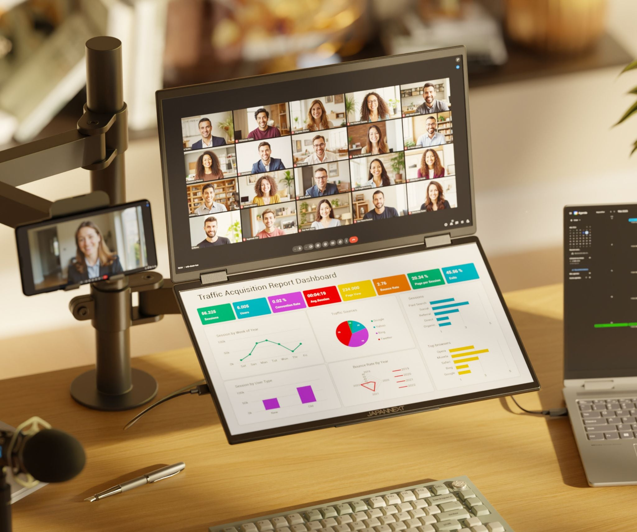 Ein Schreibtisch mit drei Bildschirmen, die einen Videoanruf, ein Dashboard und einen Kalender zeigen. Ein Mikrofon und ein Stift sind ebenfalls sichtbar.