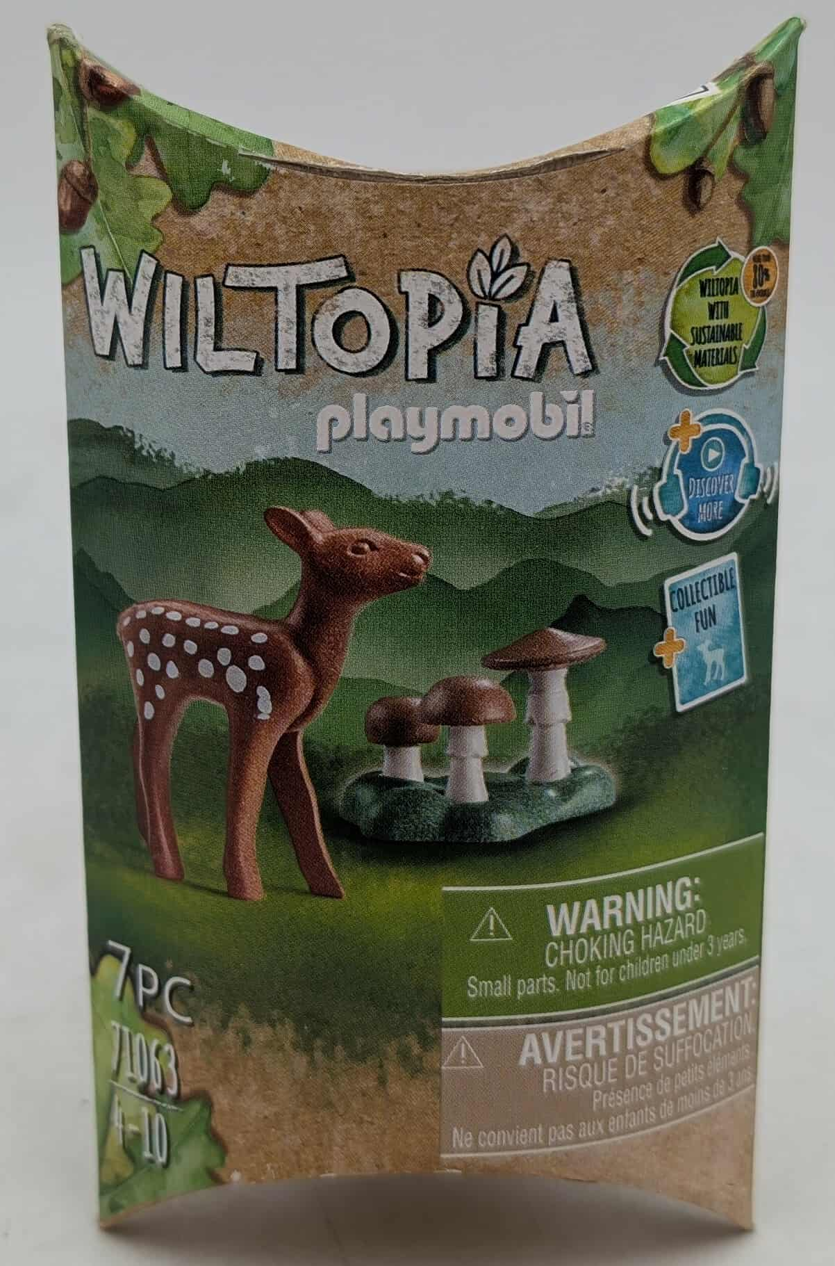 A Playmobil Wiltopia box. It shows a brown deer with white spots and three mushrooms on a green base.