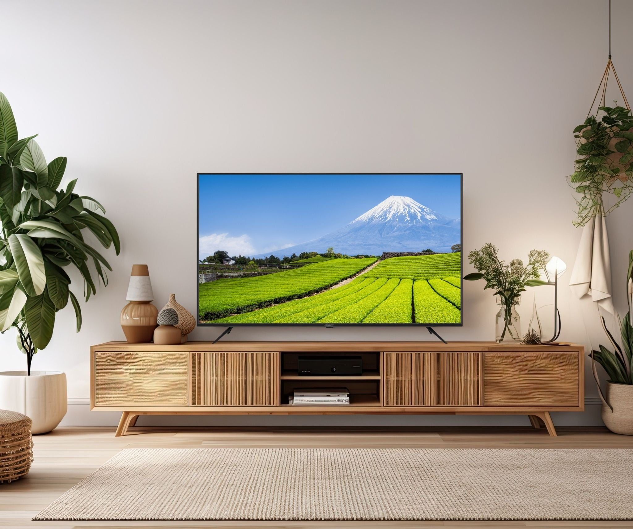 Wohnzimmer mit Fernseher. TV zeigt Berg und grüne Felder. Holzschrank darunter, Pflanzen an den Seiten und hängend. Beiger Teppich.