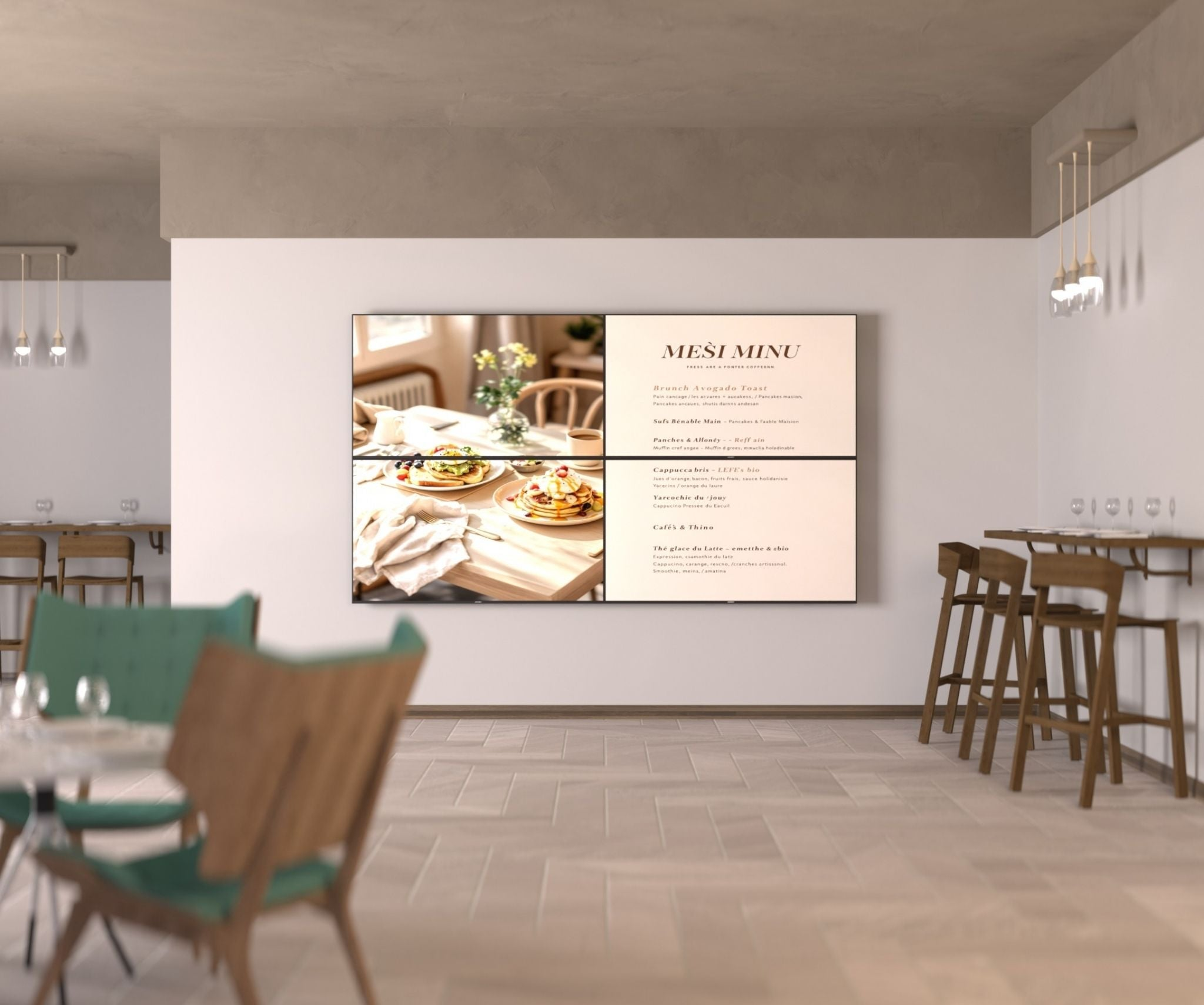 Restaurant Interieur. Eine Speisekarte an der Wand. Tische und Stühle im Vordergrund. Deckenleuchten hängen von der Decke.