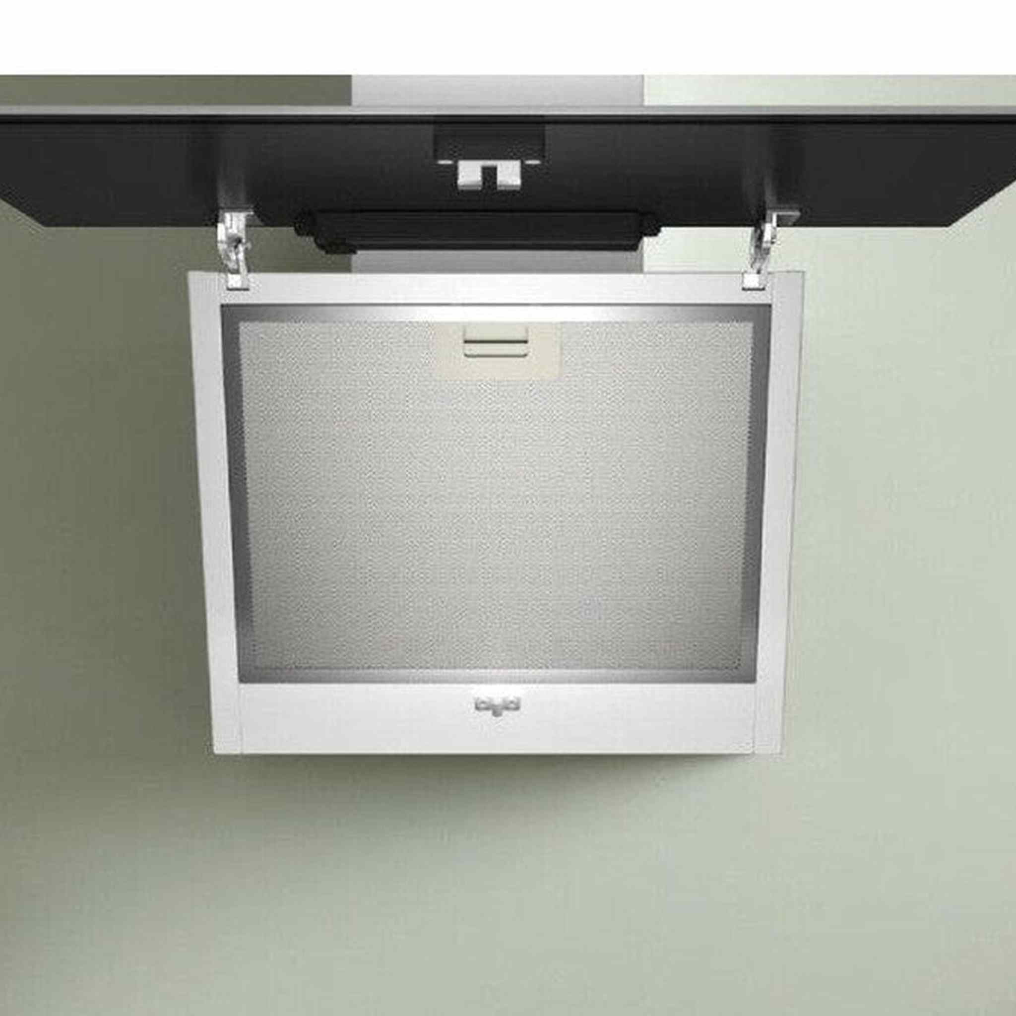 Biały okap jest zamontowany pod czarną szafką. Okap ma siatkę i małe logo.