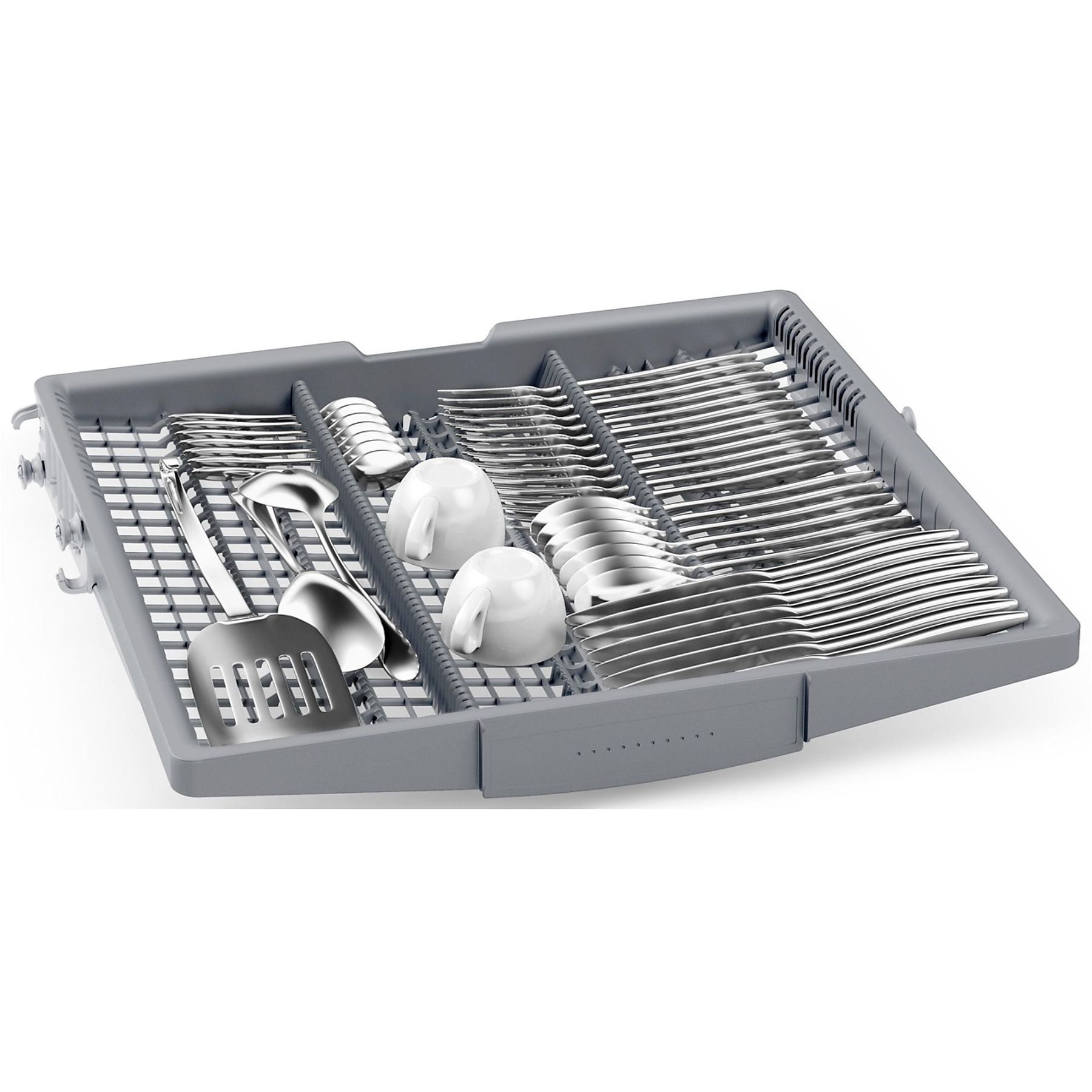 Una bandeja gris para utensilios de lavavajillas llena de cubiertos, cucharas, tazas y una espátula limpios.