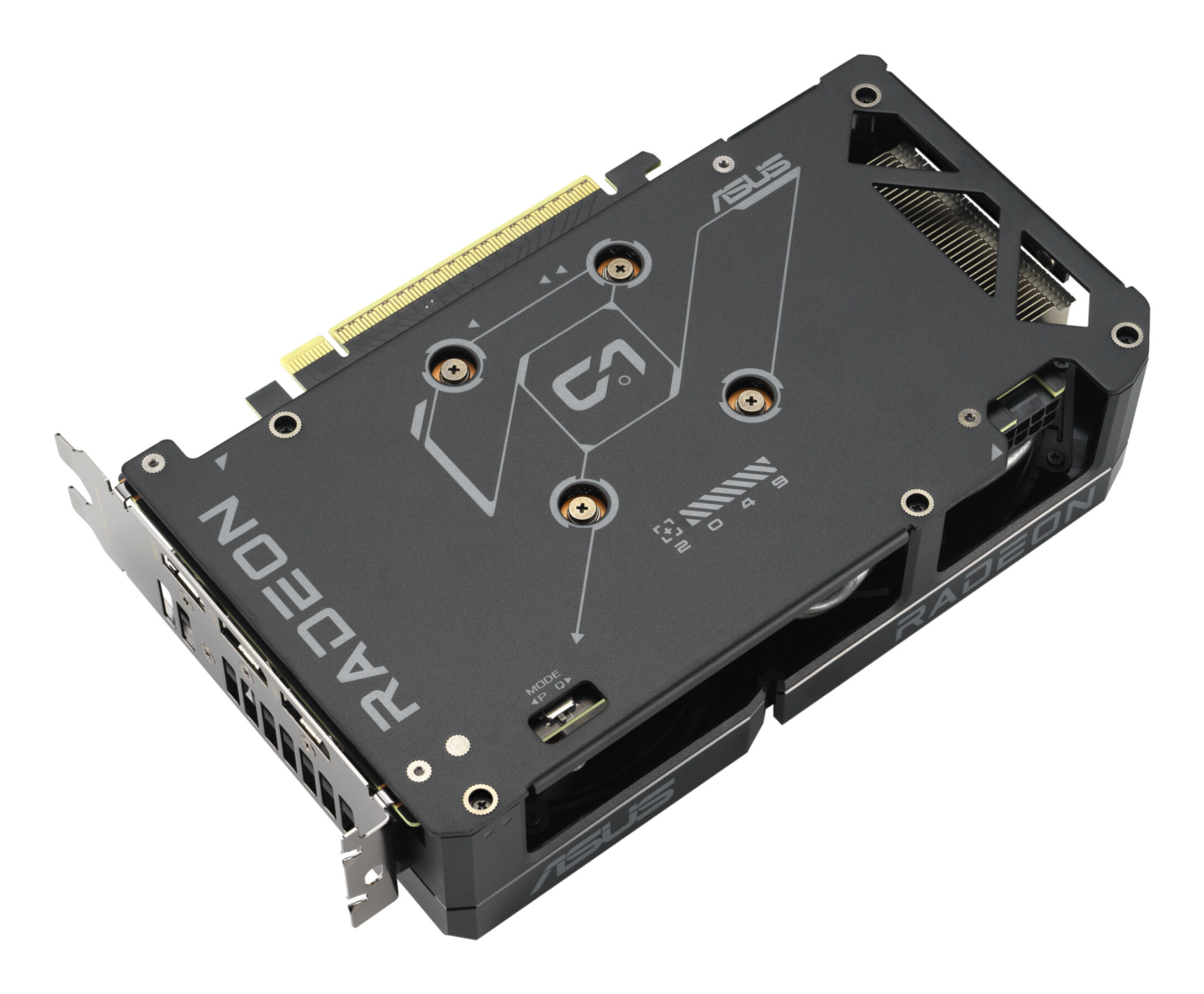 Czarna karta graficzna ASUS Radeon. Widoczne logo Radeon i ASUS. Karta posiada kilka śrub i żeber chłodzących.