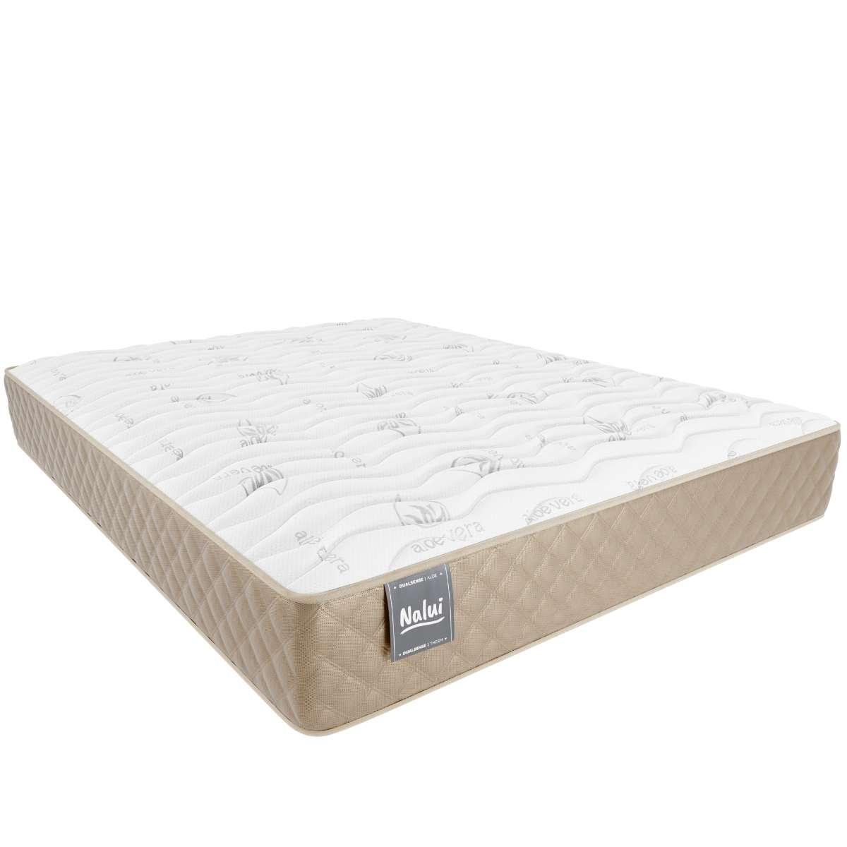 Un colchón blanco con superficie estampada y laterales beige. Los laterales tienen un diseño acolchado. La marca "Nalui" está en una etiqueta.
