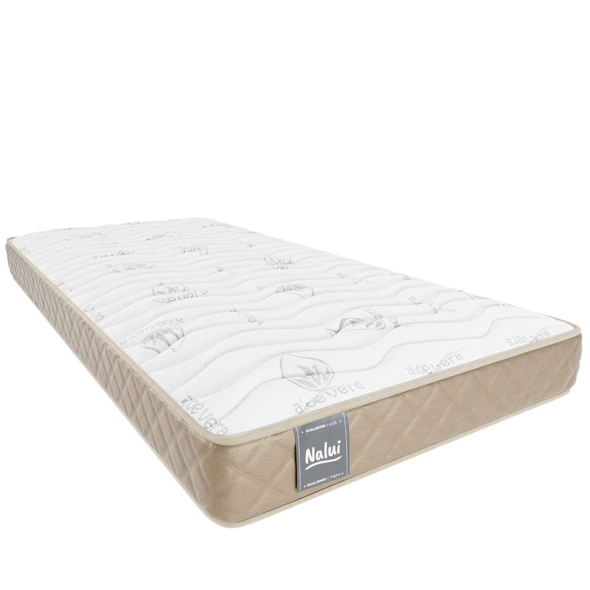 Un colchón con la parte superior blanca y un borde beige. La parte superior tiene un patrón de ondas y etiquetas de Aloe Vera. La marca es 'Nalui'.