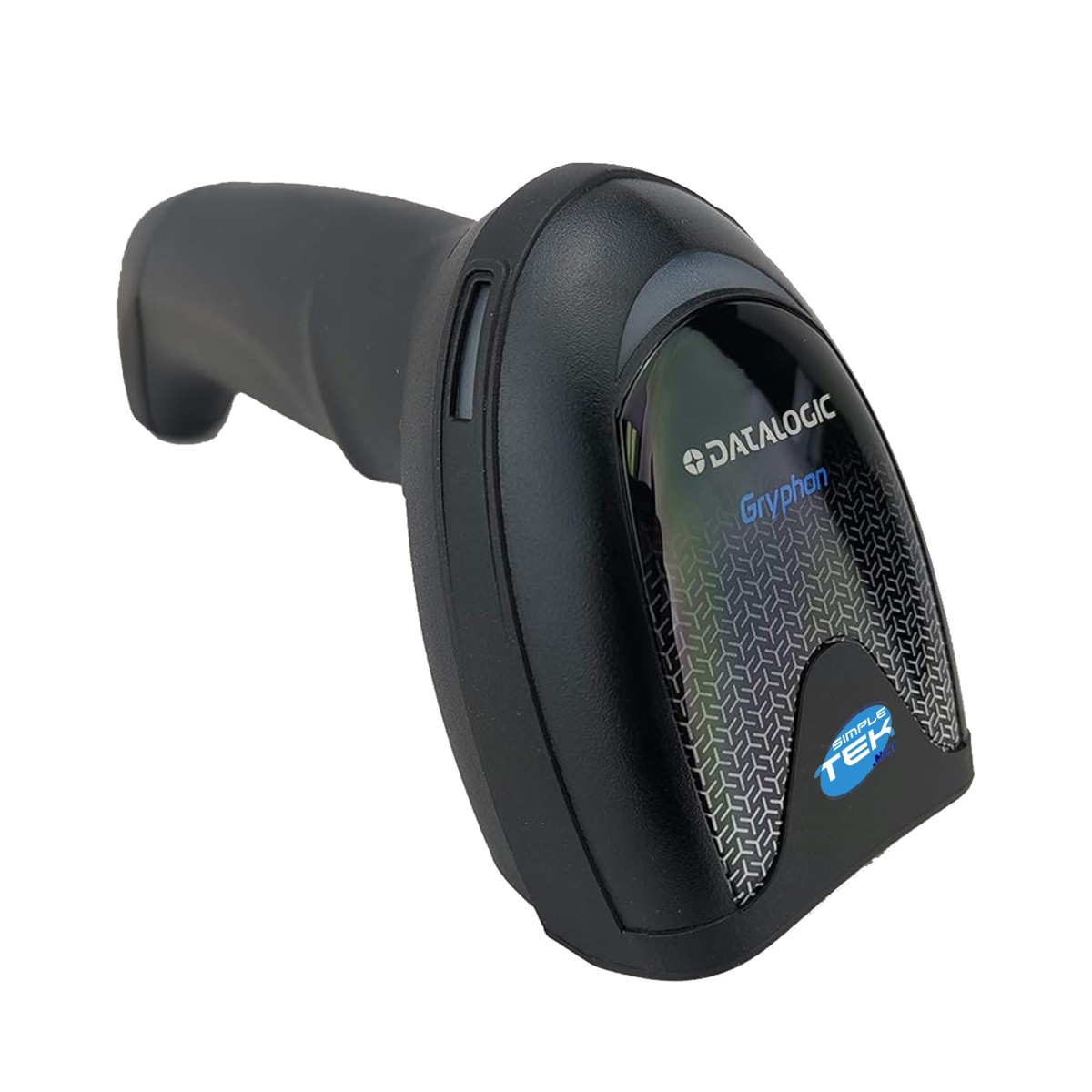 Ein schwarzer Datalogic Gryphon Barcodescanner auf weißem Hintergrund. Der Scanner hat einen Griff und einen Scankopf.