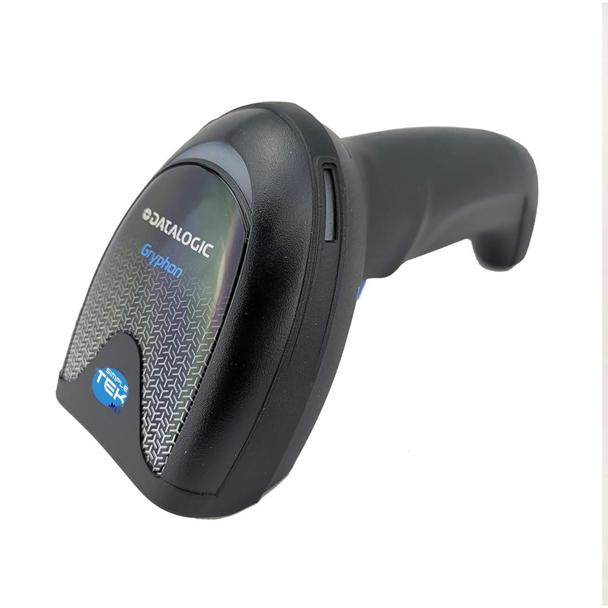Ein schwarzer und grauer Datalogic Gryphon Barcode-Scanner auf weißem Hintergrund. Er hat einen Auslöser und eine strukturierte Vorderseite.