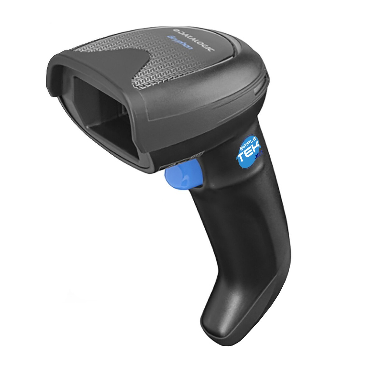 Ein schwarzes Barcode-Lesegerät mit blauem Knopf und Logo. Der Scanner ist nach oben geneigt, isoliert auf weißem Hintergrund.