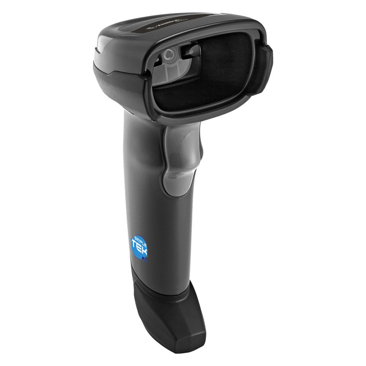 Ein schwarzer Barcode-Scanner auf weißem Hintergrund. Er hat einen Griff und einen Scankopf. Das Logo lautet 'Simple Tek'.