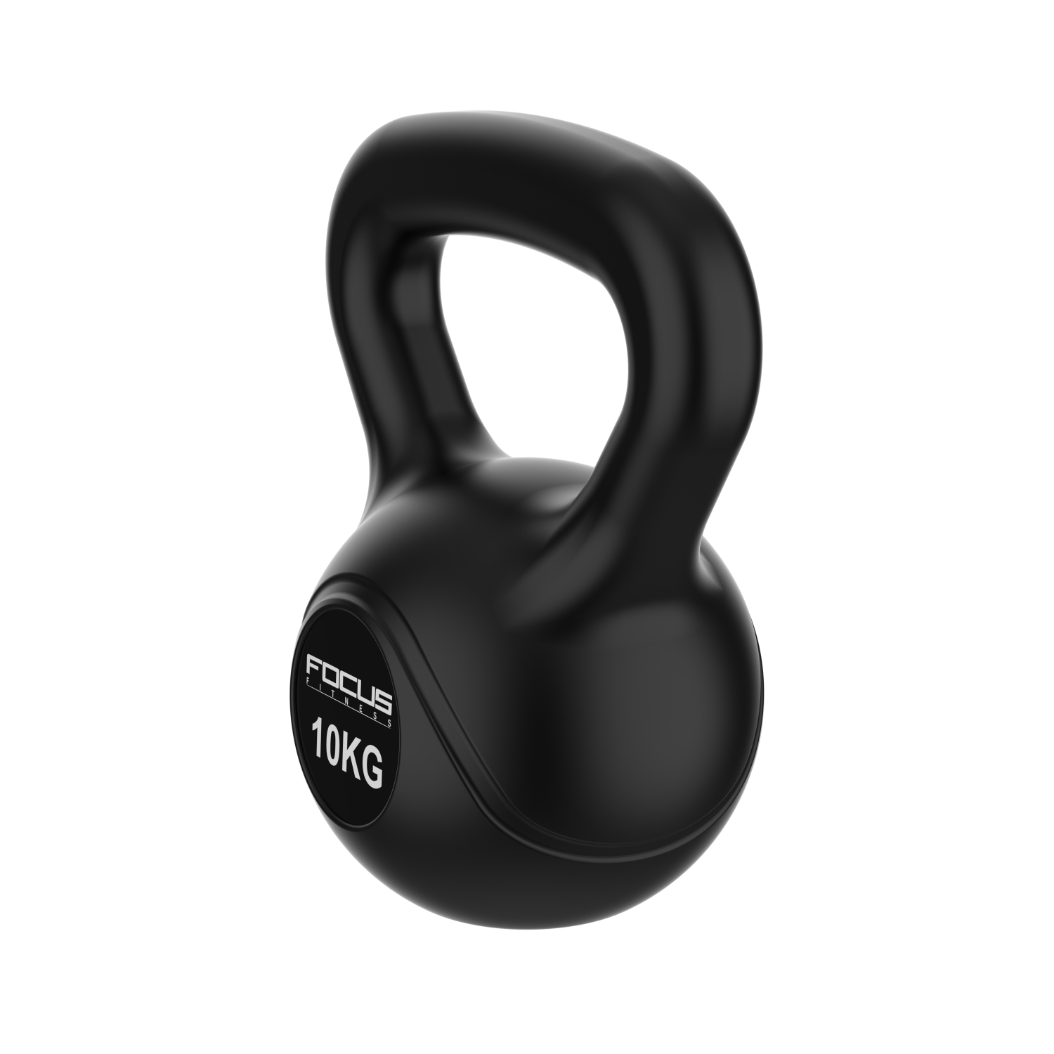 A black kettlebell with a handle. The kettlebell has the words "FOCUS FITNESS" and "10KG" printed on it. It is set against a white background.