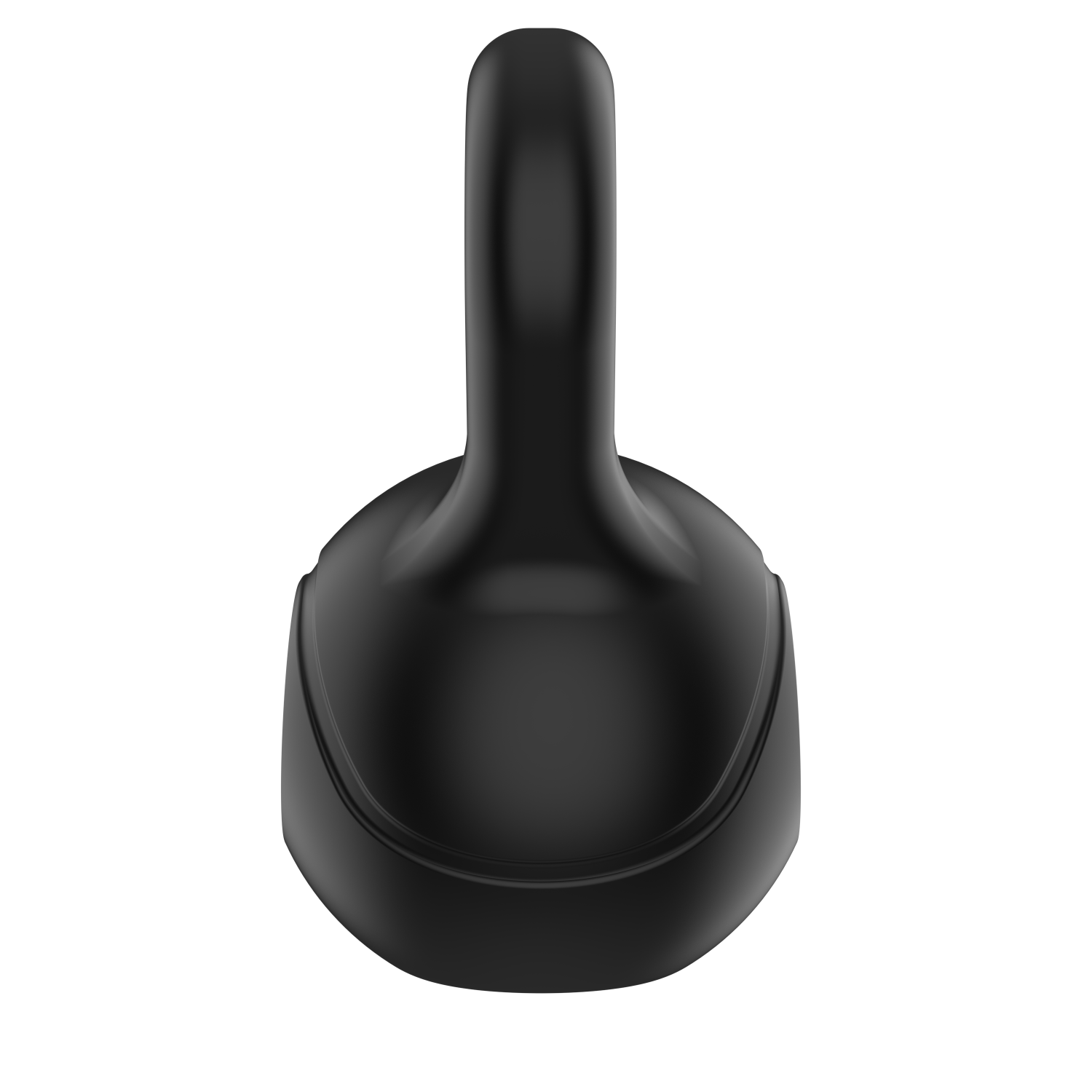 A black kettlebell, isolated on a white background. It has a handle on top, and a round body.