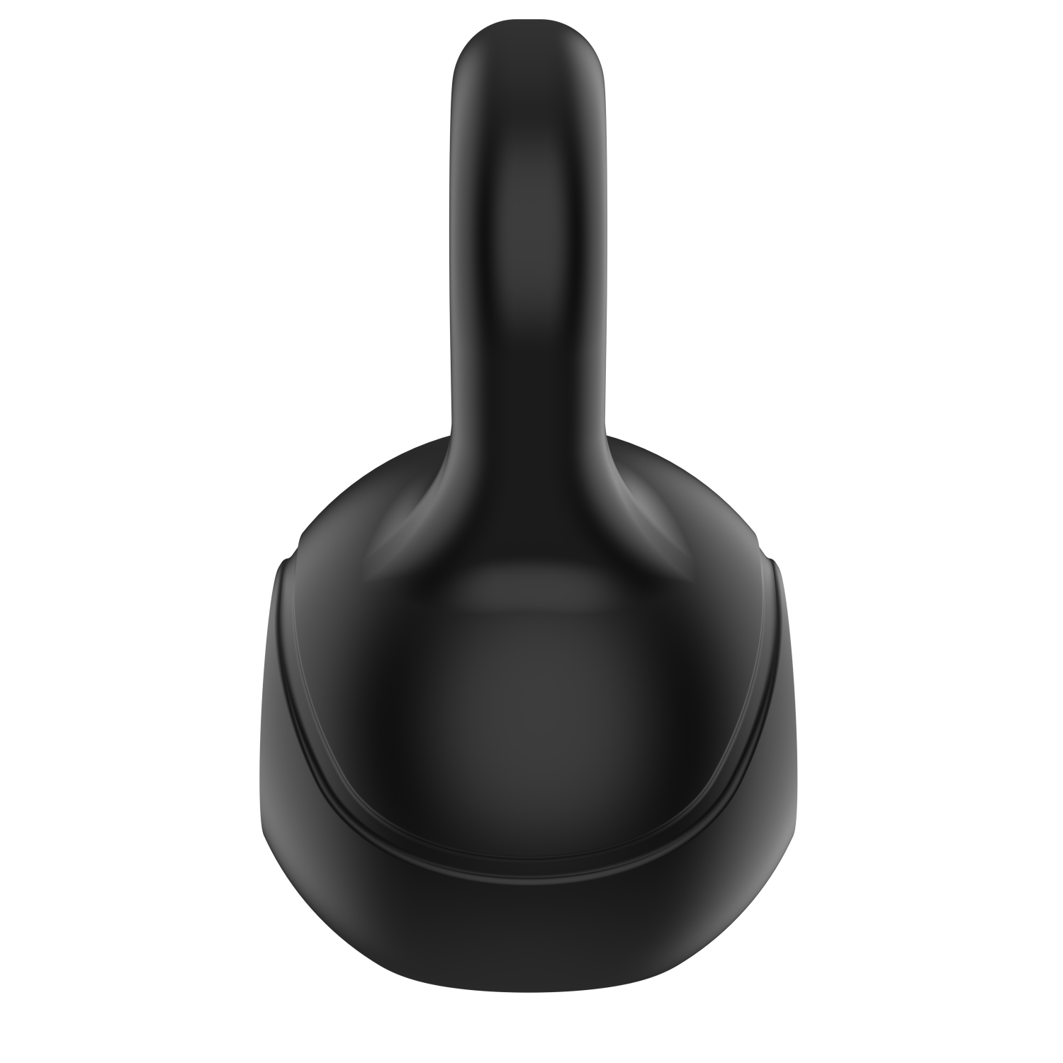 A black kettlebell, top view, sits on a white background. It has a handle and a rounded base. The handle is vertical.