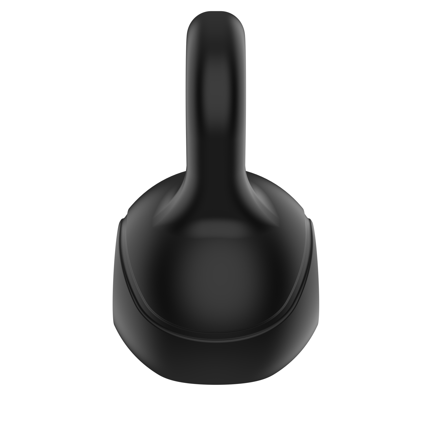 A black kettlebell on a white background. It has a handle at the top and a rounded base.