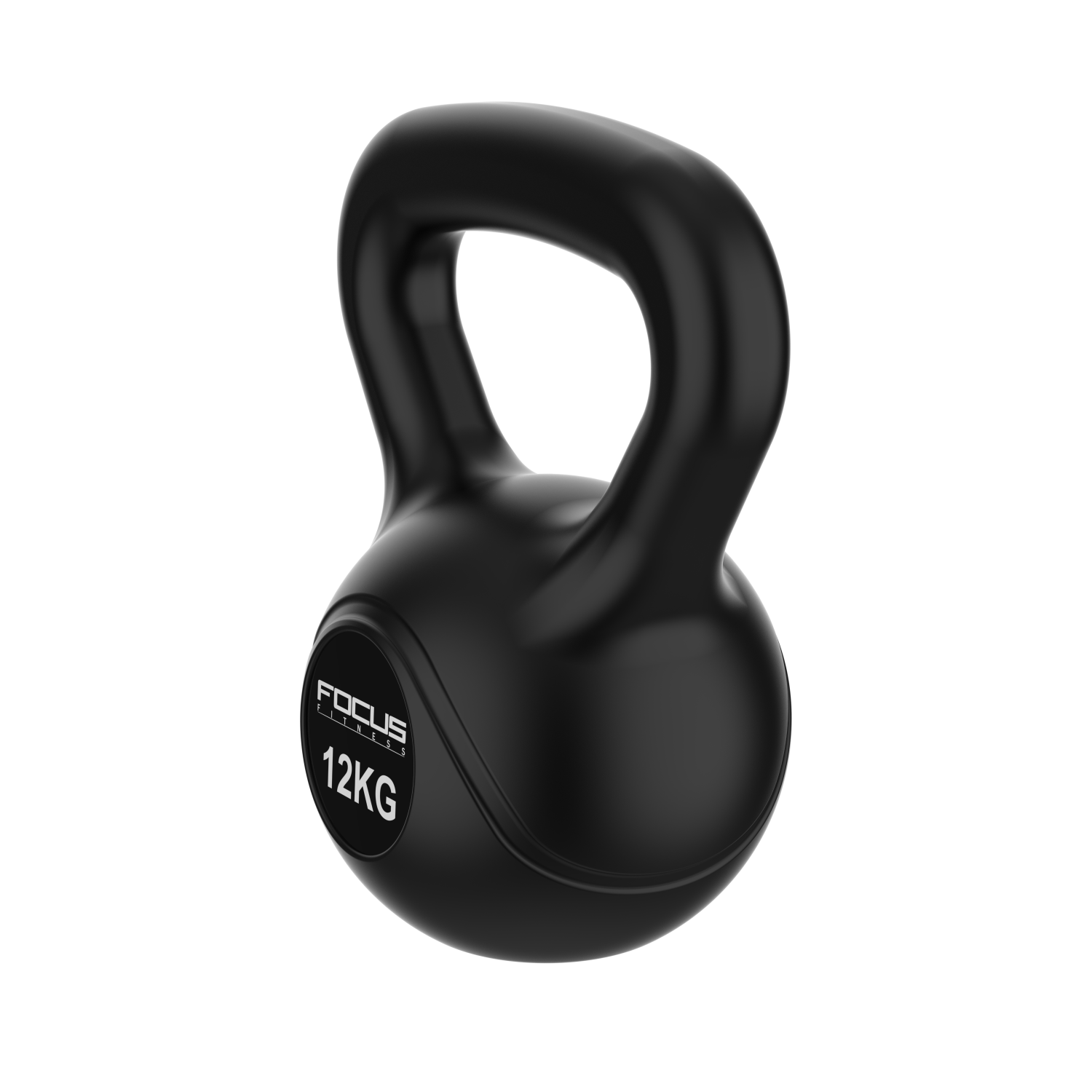Un kettlebell noir avec une poignée, étiqueté 'FOCUS FITNESS 12KG'. Sur fond blanc.