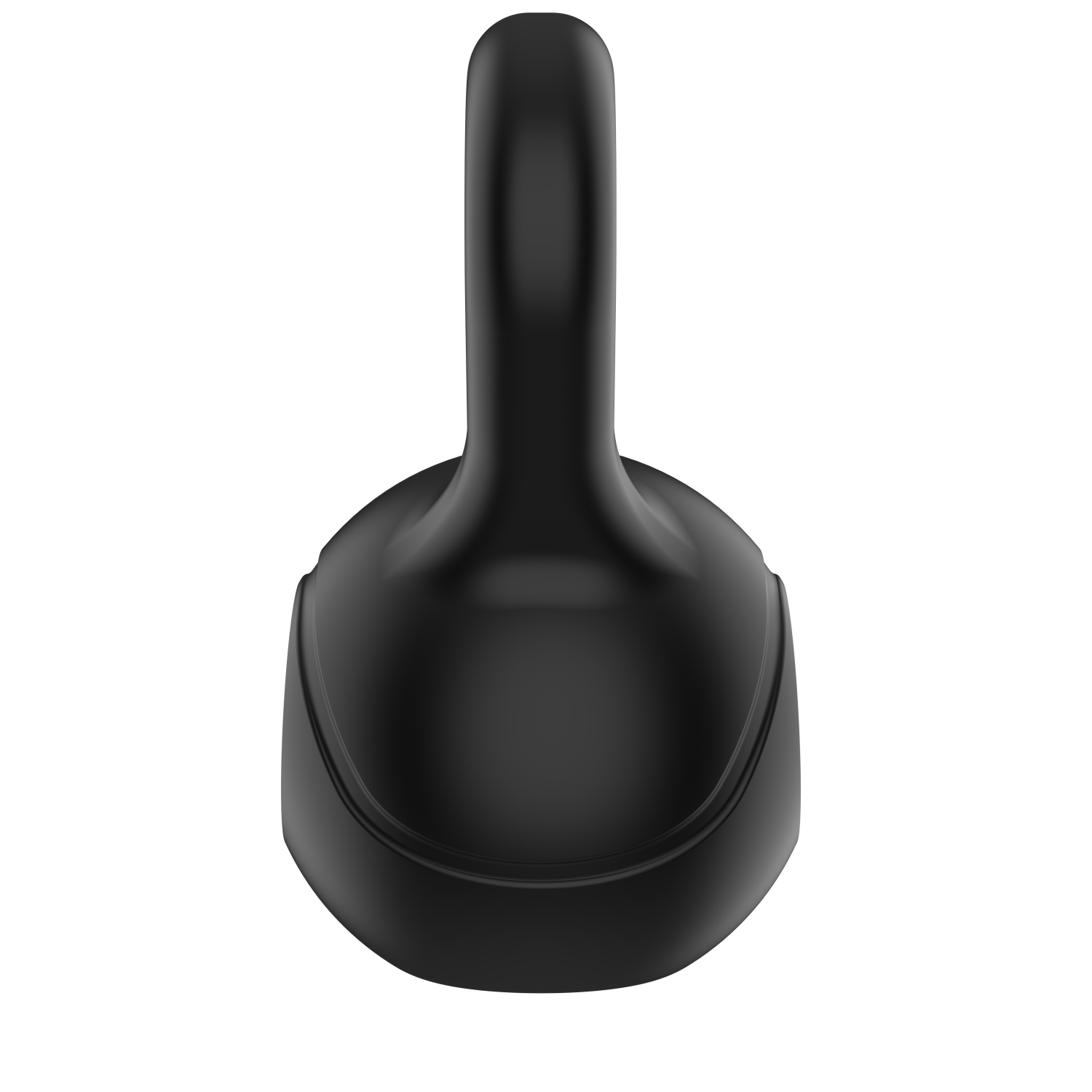 Un kettlebell noir avec une base arrondie et une poignée s'étendant vers le haut. Le fond est blanc uni, mettant en valeur le kettlebell.
