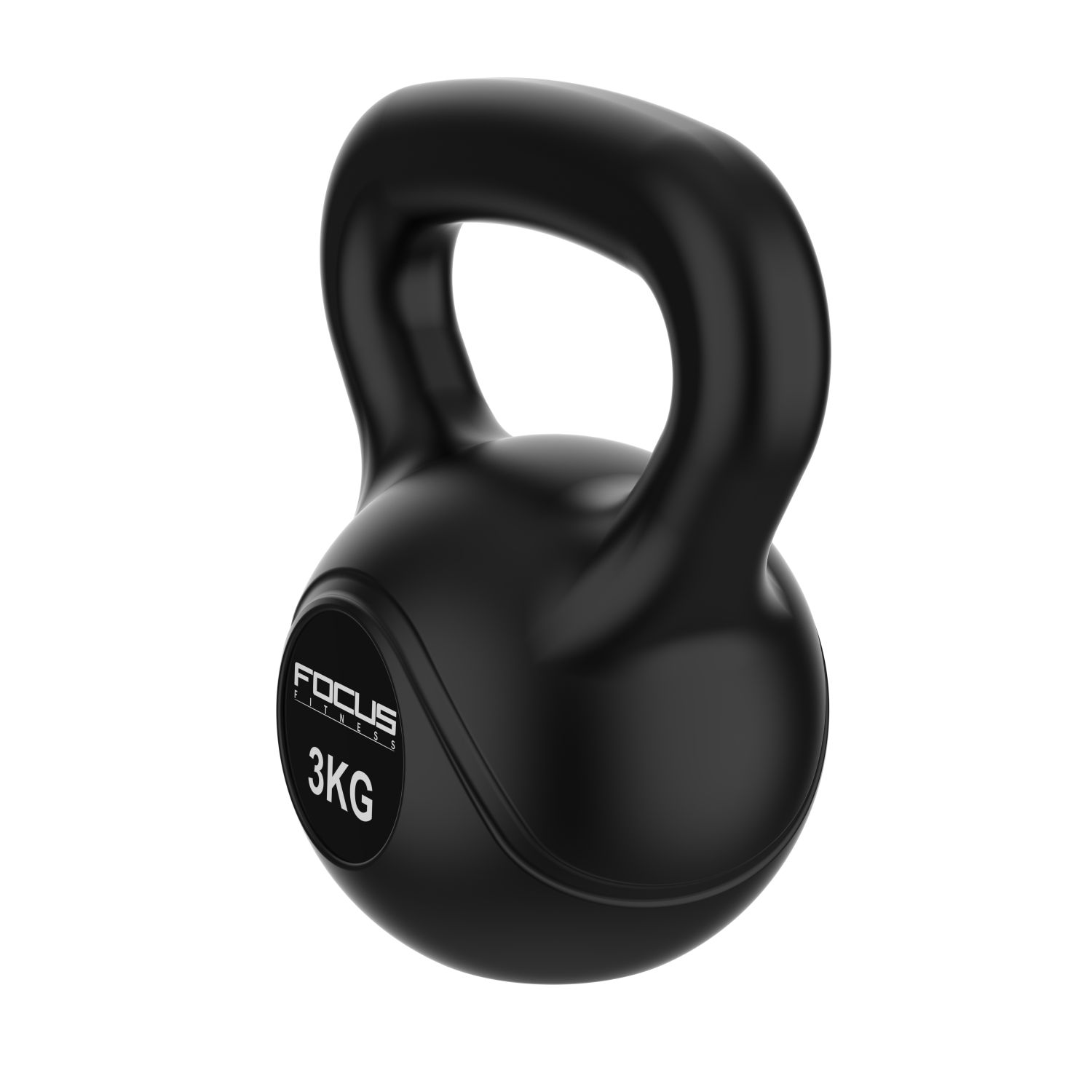 A black kettlebell with a loop handle. It has 'FOCUS FITNESS' and '3KG' printed on it. The background is white.