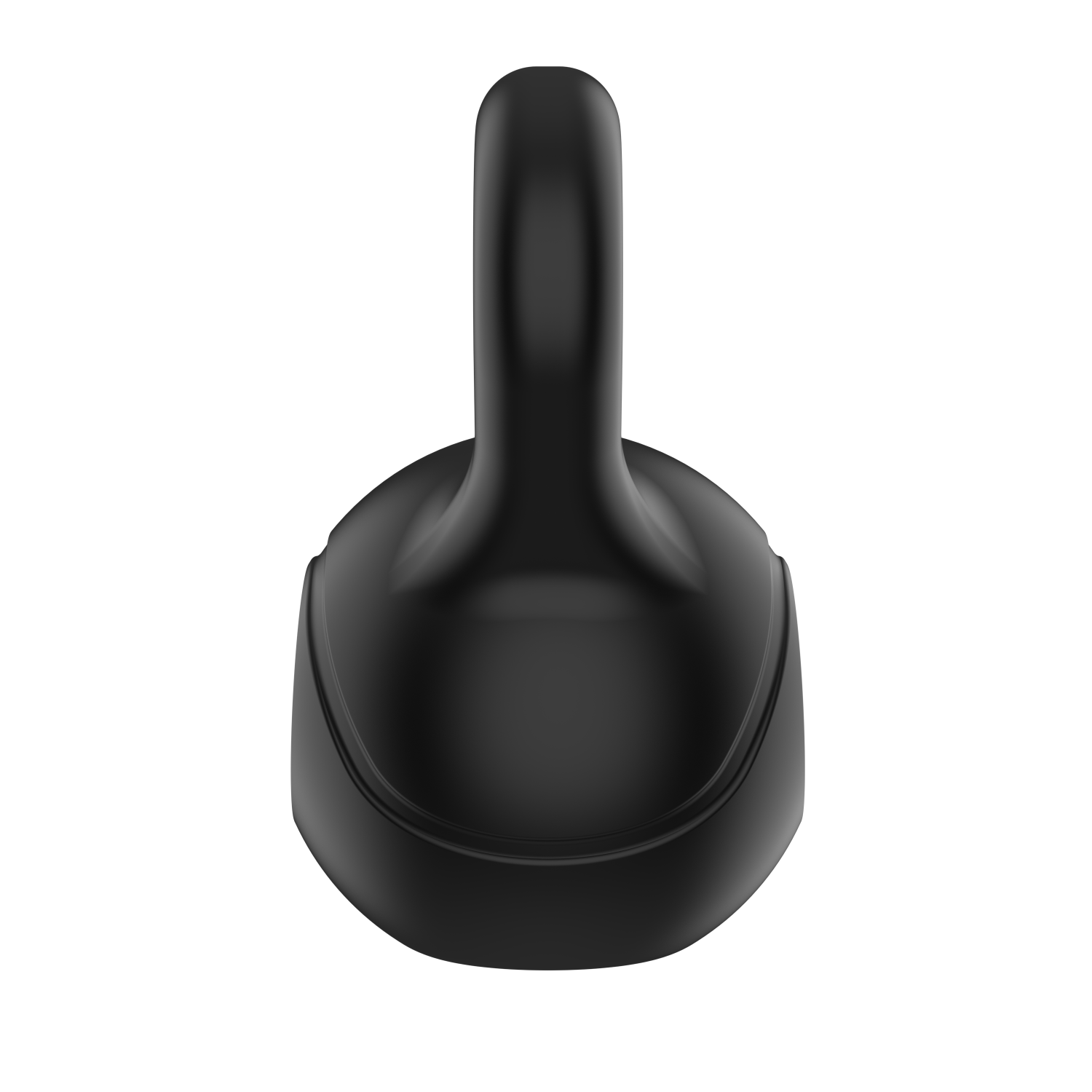 A black kettlebell with a rounded base and a handle arching upwards. The background is plain white, highlighting the object.