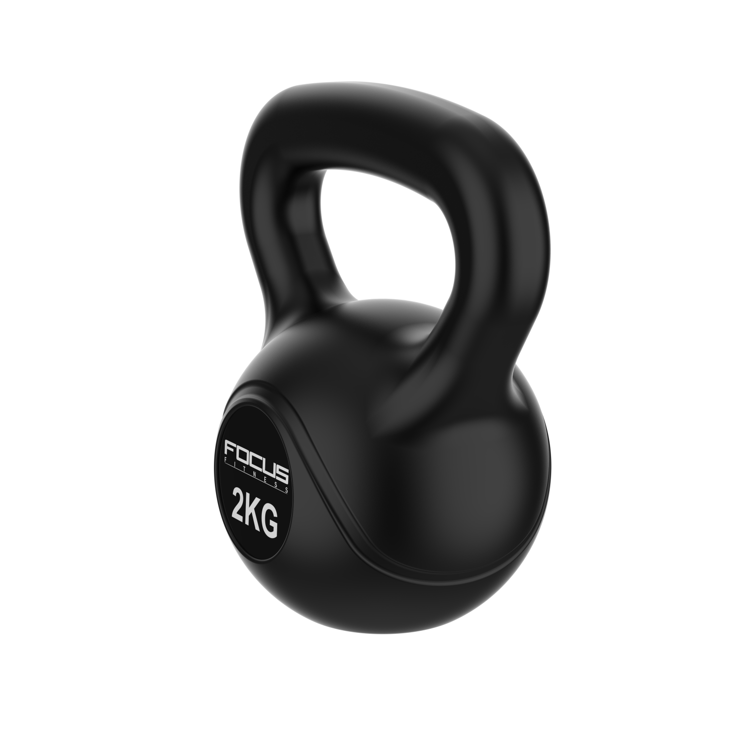 Black kettlebell with a handle. The kettlebell has a label that says "FOCUS FITNESS 2KG".