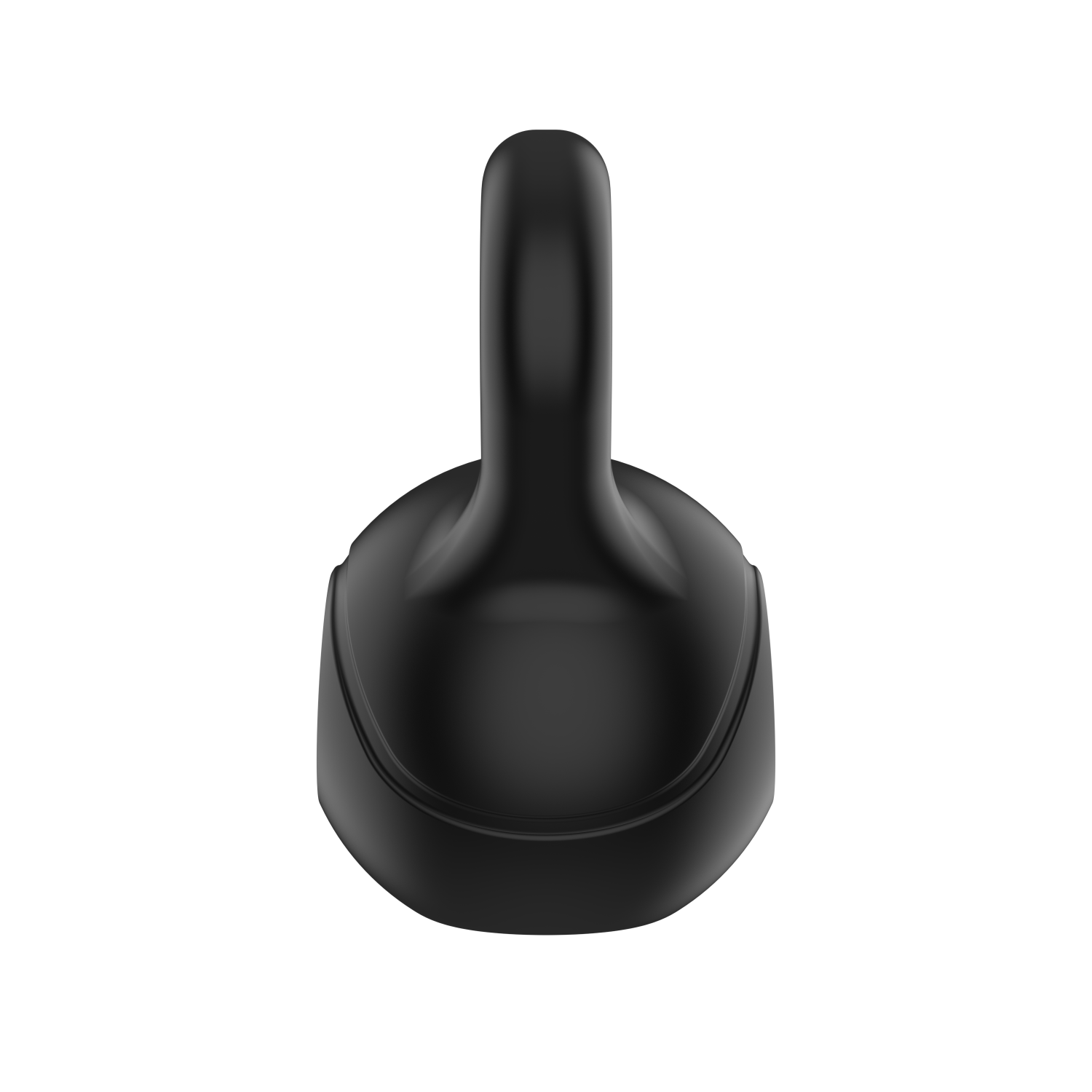 A black, top-down view of a kettlebell. It has a rounded base and a handle. The background is white.