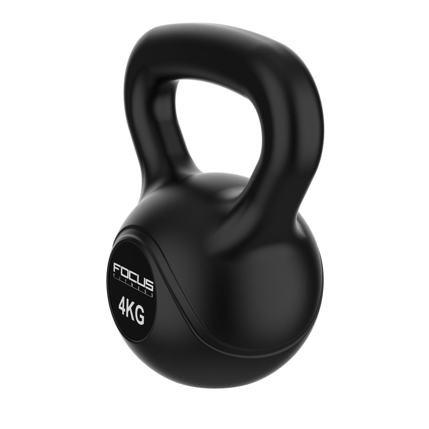 A black kettlebell with a handle. It has a sticker that says "FOCUS FITNESS 4KG" on the front.