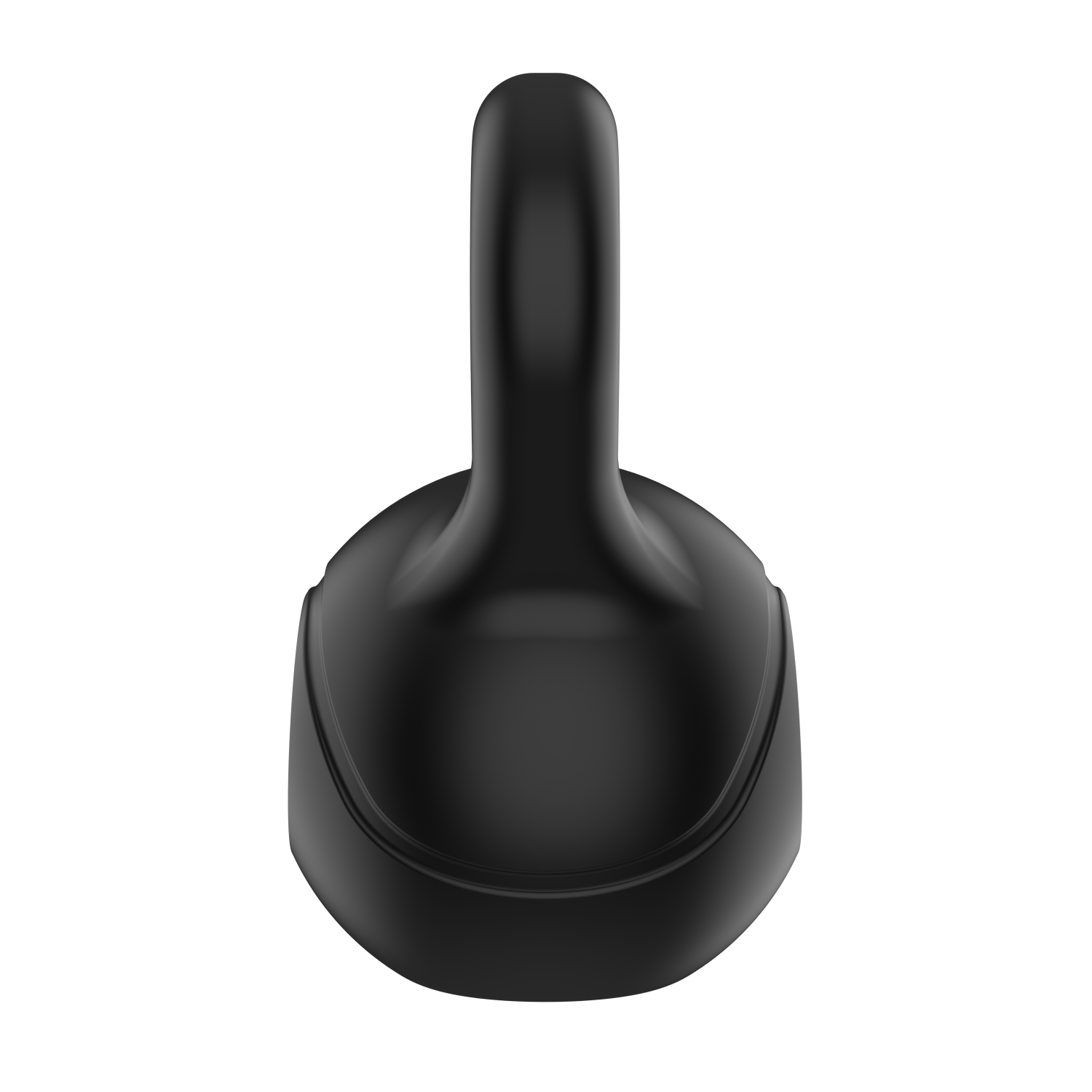 A black, curved object with a handle. It has a smooth, reflective surface. The background is plain white.