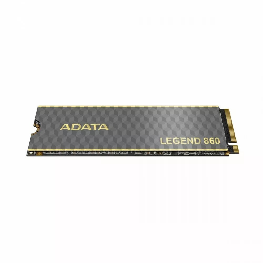 Dysk SSD ADATA Legend 860 na białym tle. Dysk SSD jest szary ze złotymi akcentami.