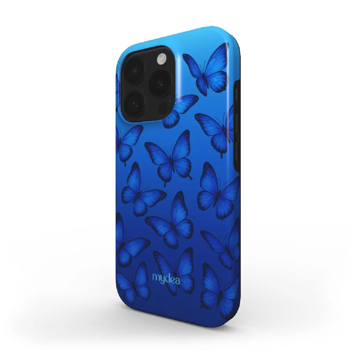 Custodia blu per iPhone con motivo a farfalle. Le farfalle sono blu scuro su uno sfondo sfumato da blu chiaro a scuro.