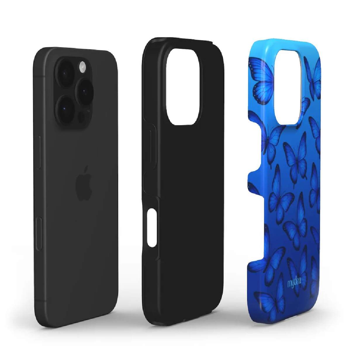 Un iPhone e due custodie. Una nera, una blu con farfalle. L'iPhone è nero e le custodie sono separate.