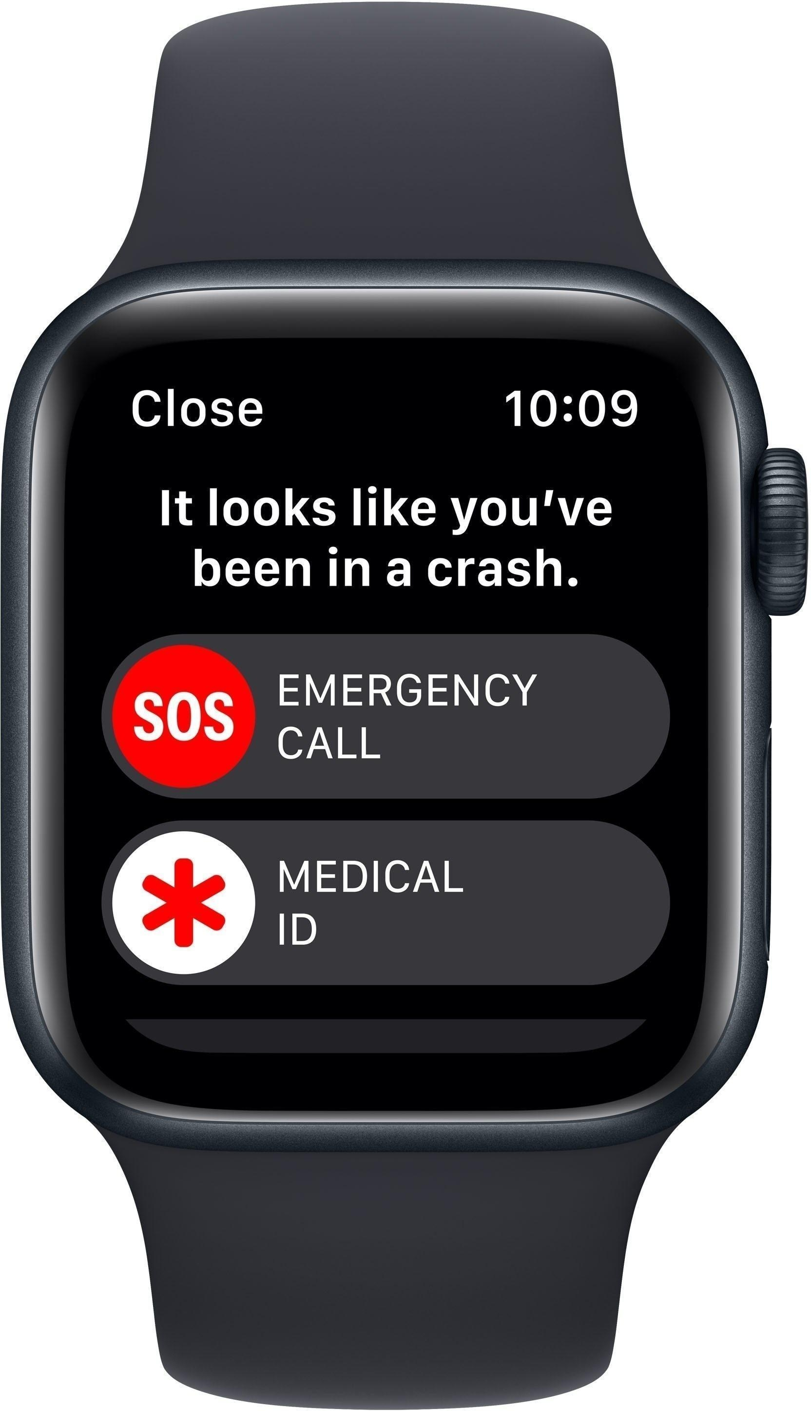 Un écran de montre intelligente affiche : « Il semble que vous ayez eu un accident ». Options : Appel d'urgence et ID médical.
