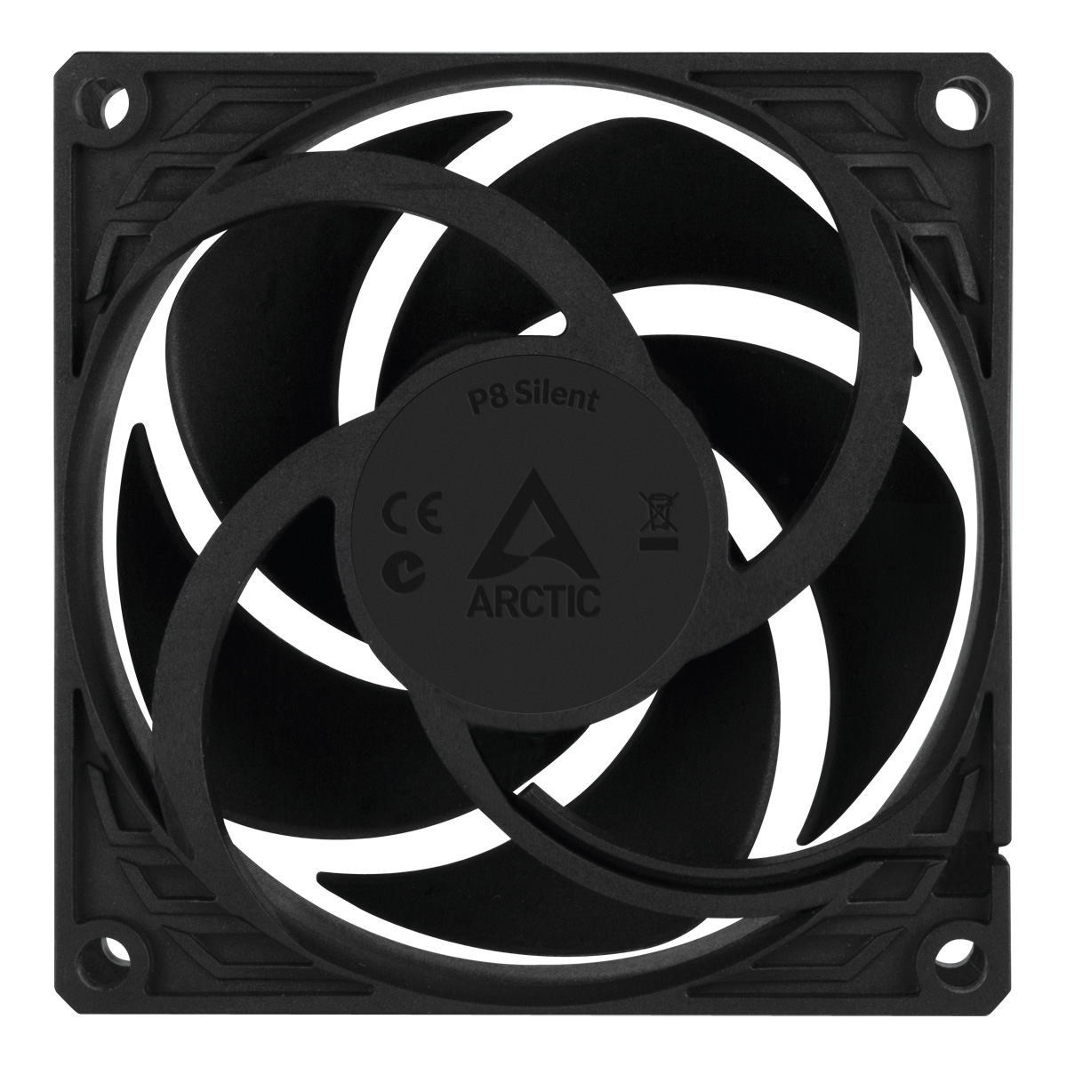 Ventola per computer nera. Ha un telaio quadrato con pale curve. Il centro presenta il logo ARCTIC e la scritta 'P8 Silent'.
