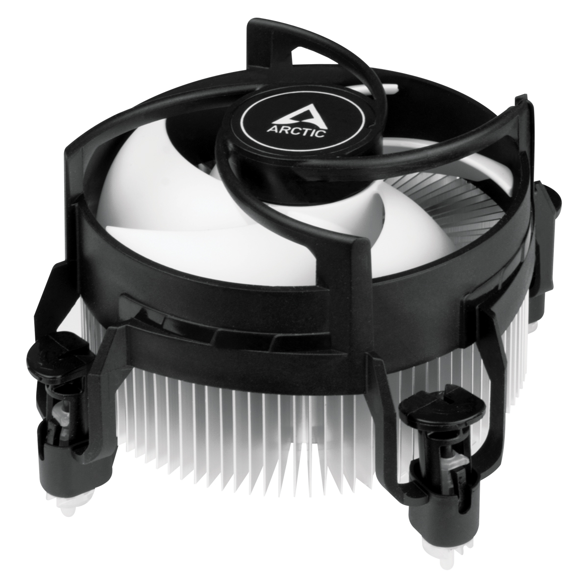 A computer CPU cooler. Black and white fan with a heatsink, and the Arctic logo. The fan is on a white background.