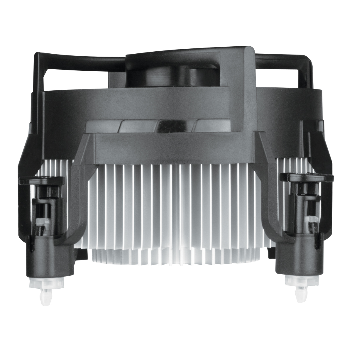 A black and silver CPU cooler with a fan, heat sink fins, and mounting clips, isolated on a white background.
