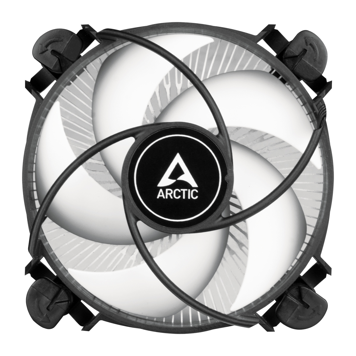 A computer fan with white blades and a black frame. The center has a black circle with the word ARCTIC and a white triangle.
