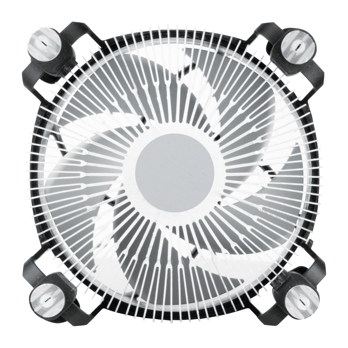 A top-down view of a computer CPU cooler. It features a fan with white blades, a central grey disc, and black mounting brackets.