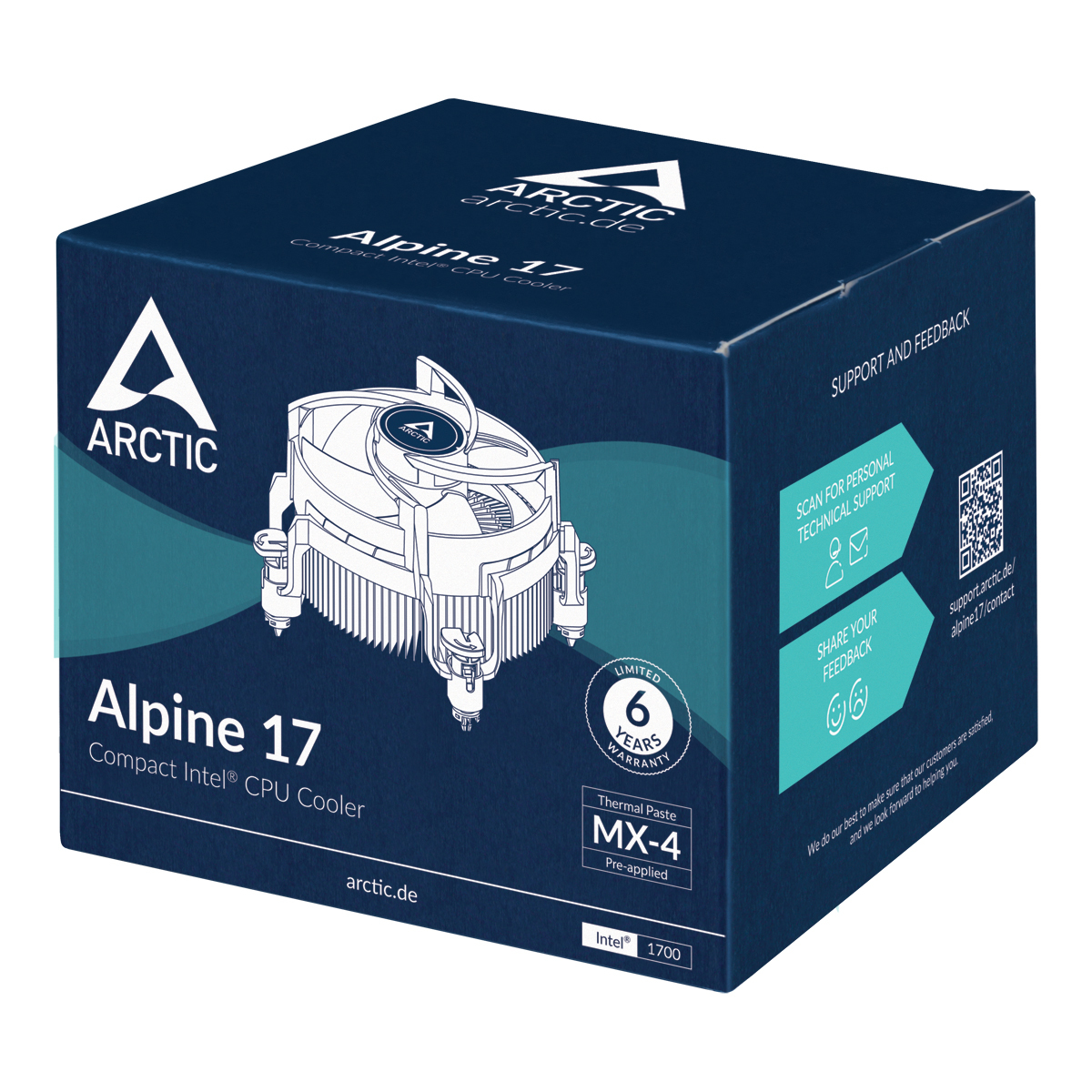 Box for Alpine 17 CPU cooler. Features the Arctic logo, product info, and a graphic of the cooler itself. Dark blue background.