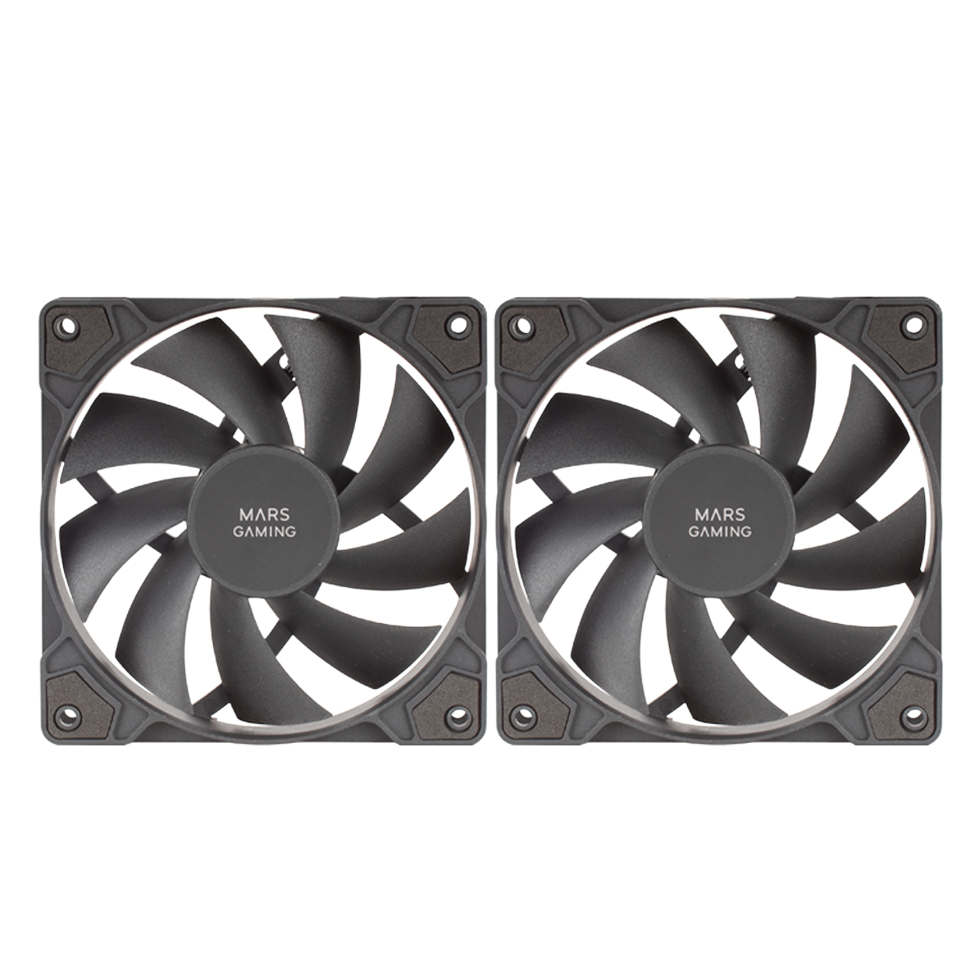 Dos ventiladores de computadora negros, cada uno con aspas, un centro con el texto 'MARS GAMING' y un marco gris oscuro.