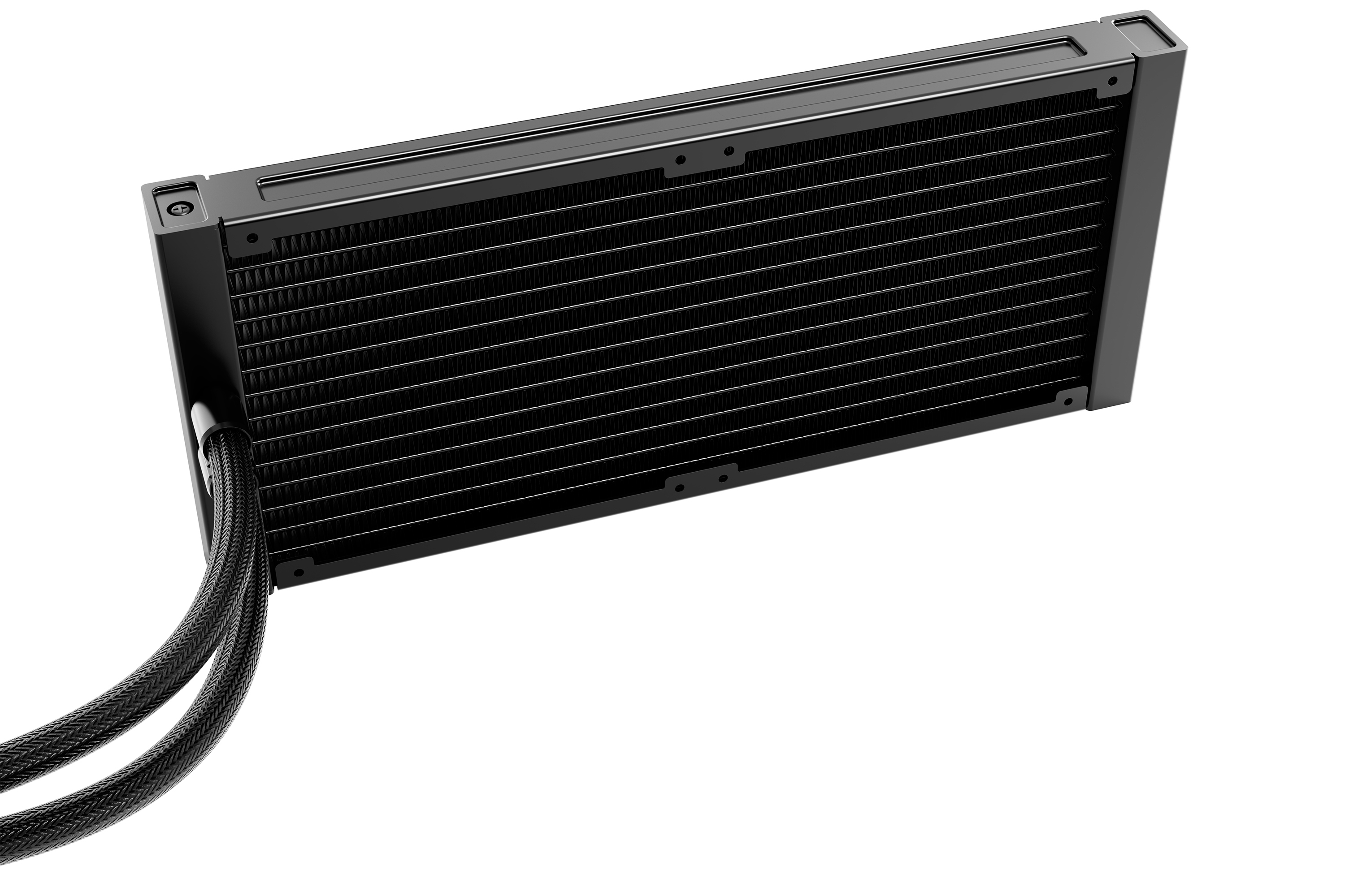 A black computer liquid cooler, with radiator fins and two braided tubes, set against a white background.