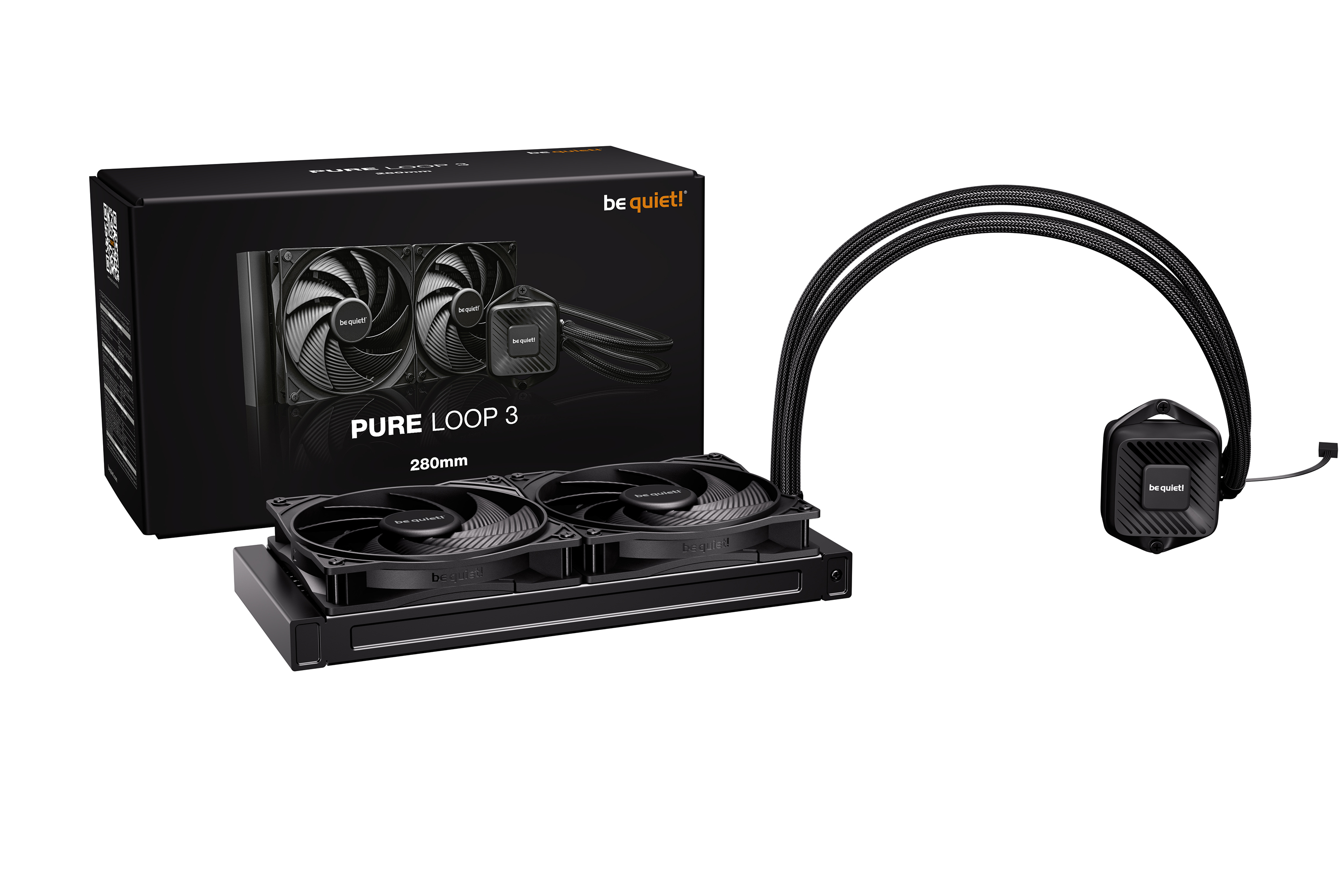 Black computer cooling system 'be quiet! Pure Loop 3'. Includes fans, radiator, and pump, all in black, with white background.